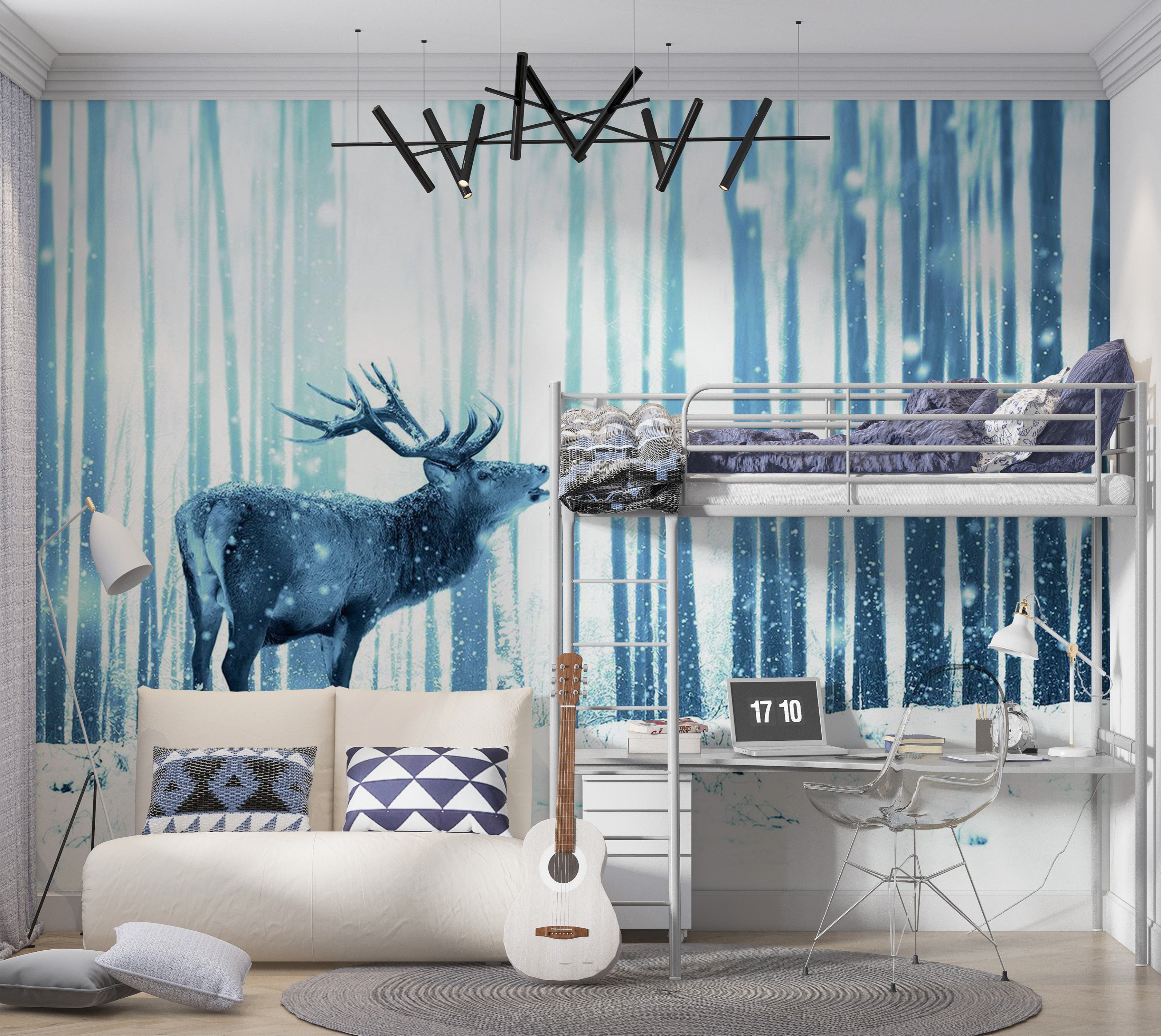 Animal Wallpaper Wall Mural - Deer In The Snow Blue 39"Wx27"H