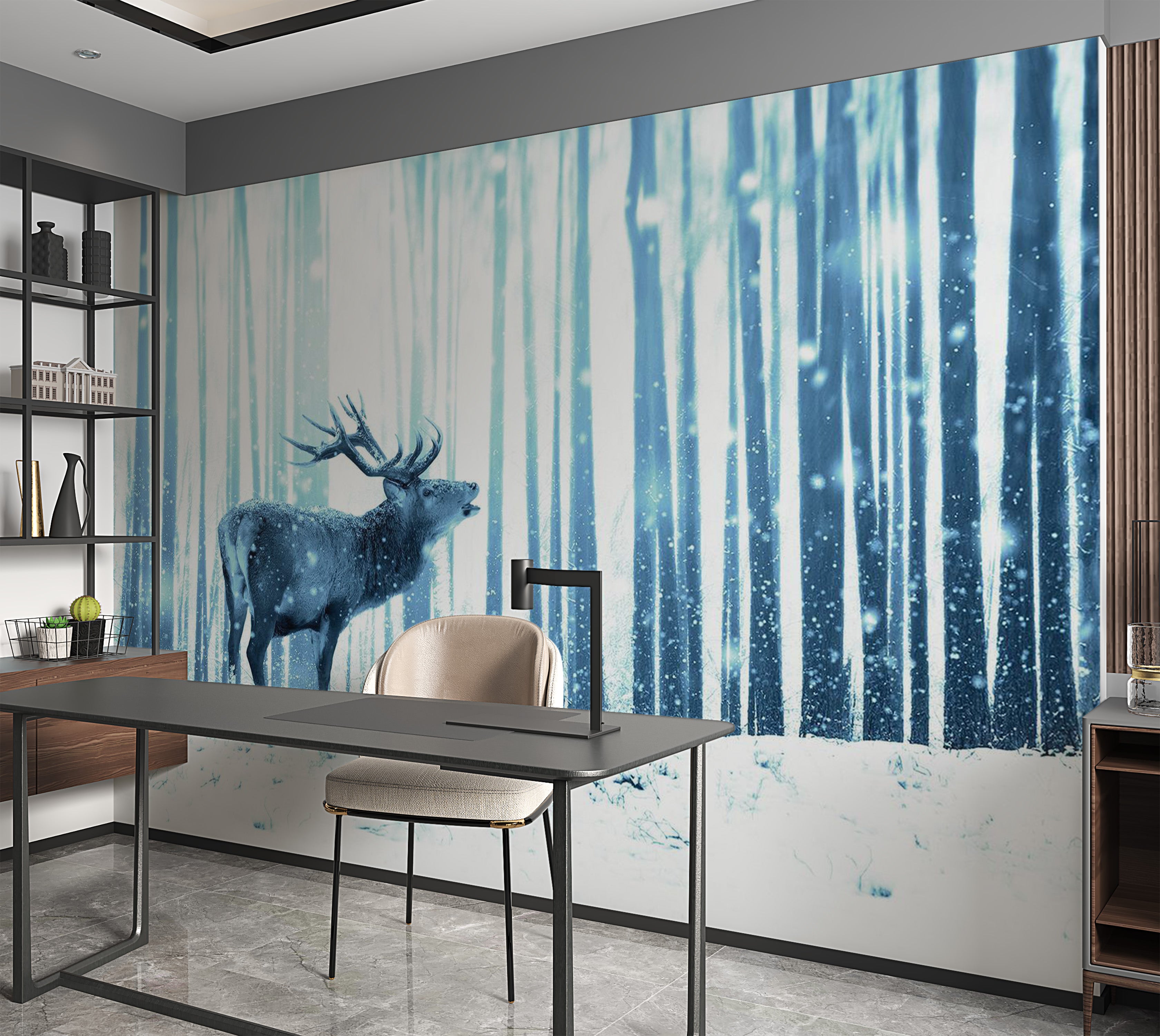 Animal Wallpaper Wall Mural - Deer In The Snow Blue 39"Wx27"H