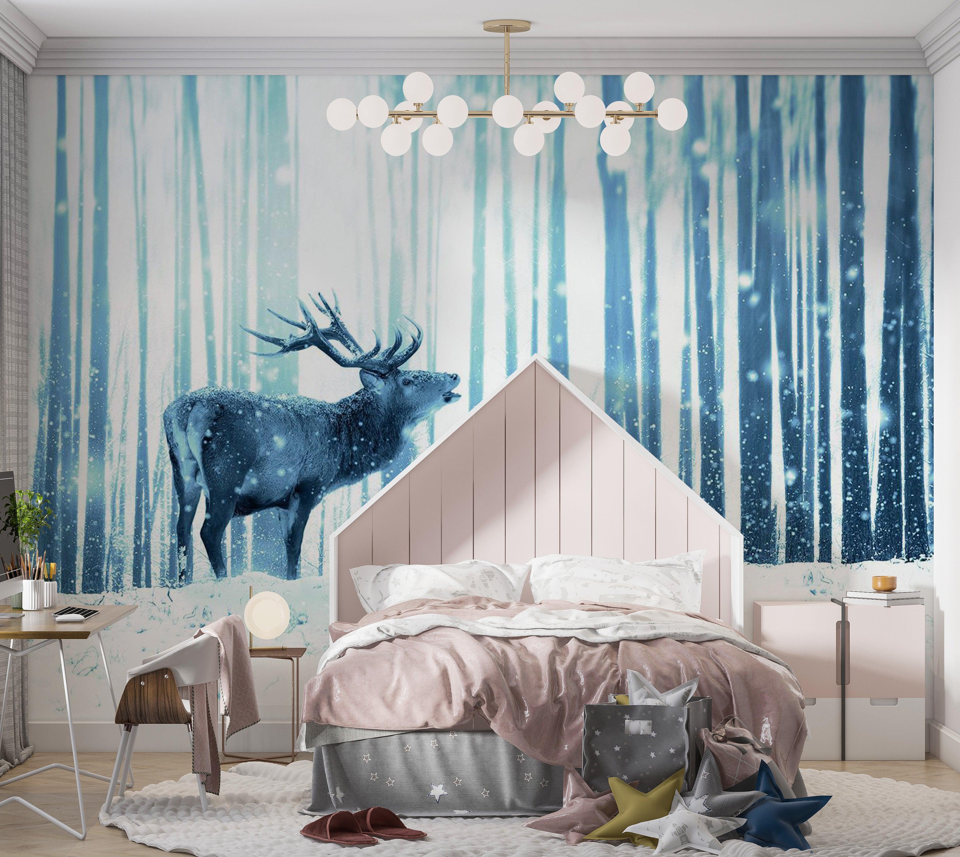 Animal Wallpaper Wall Mural - Deer In The Snow Blue