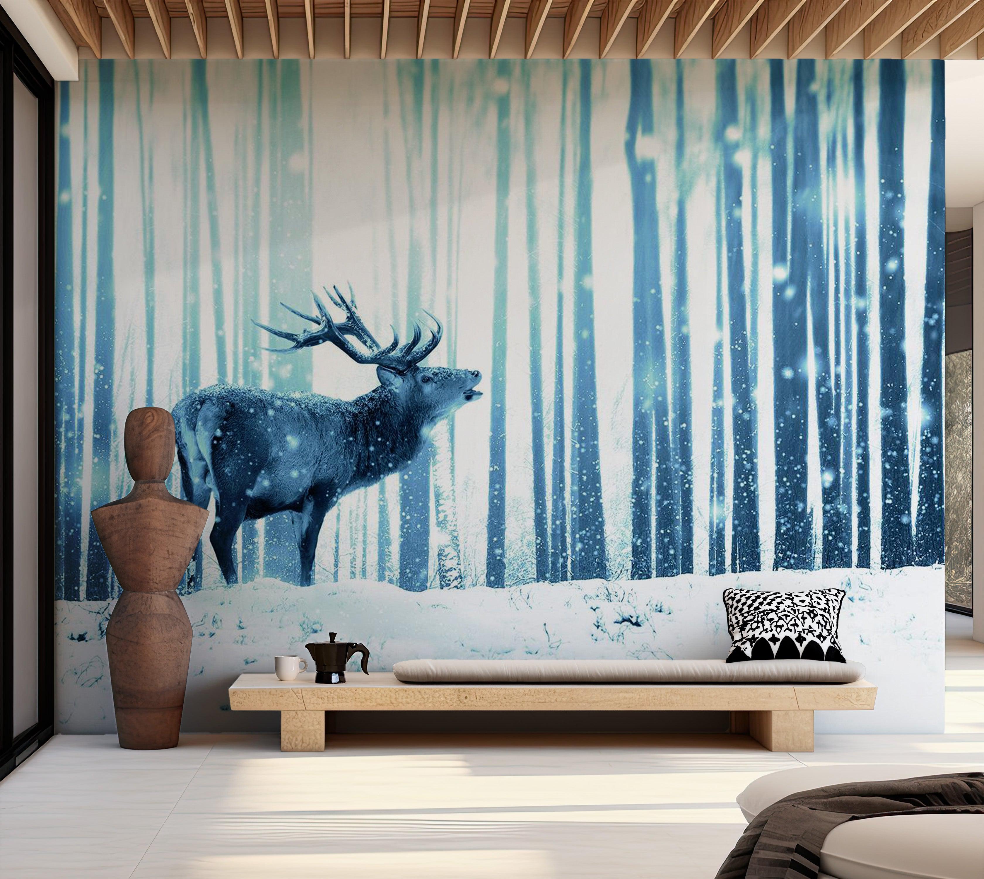 Animal Wallpaper Wall Mural - Deer In The Snow Blue