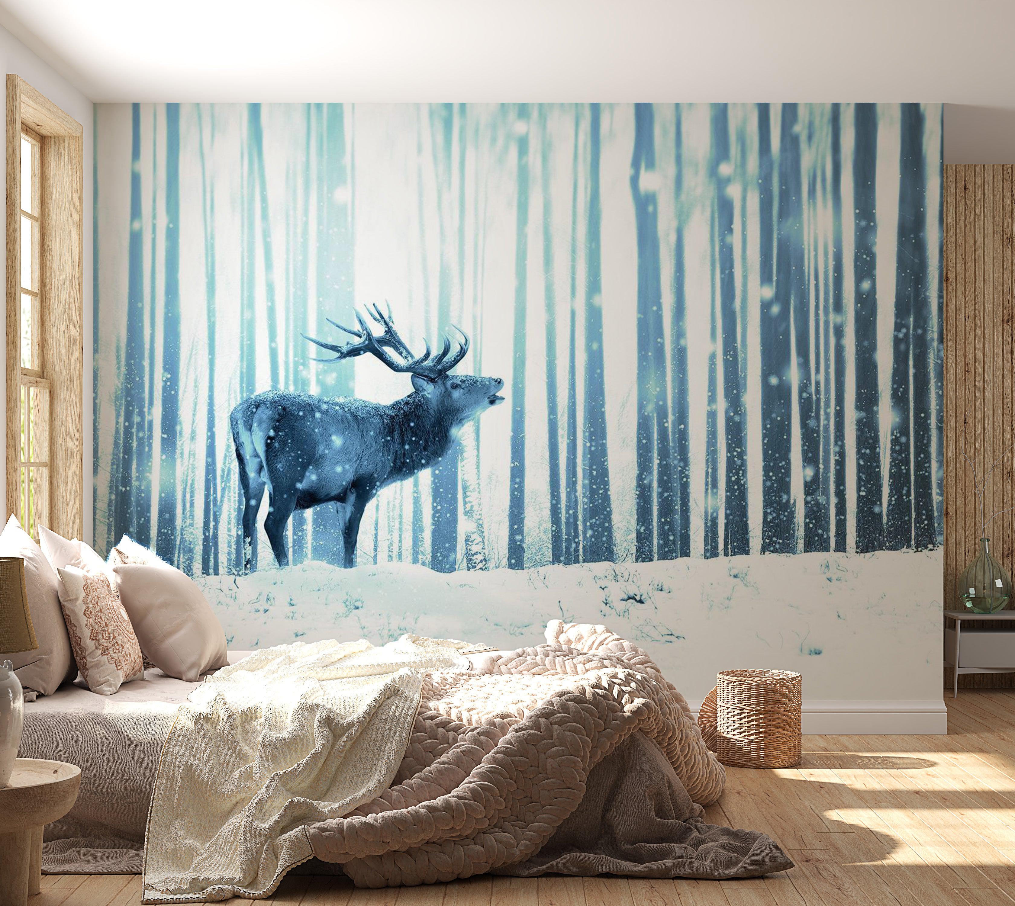 Animal Wallpaper Wall Mural - Deer In The Snow Blue