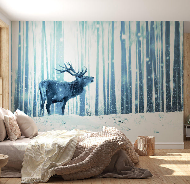 Animal Wallpaper Wall Mural - Deer In The Snow Blue