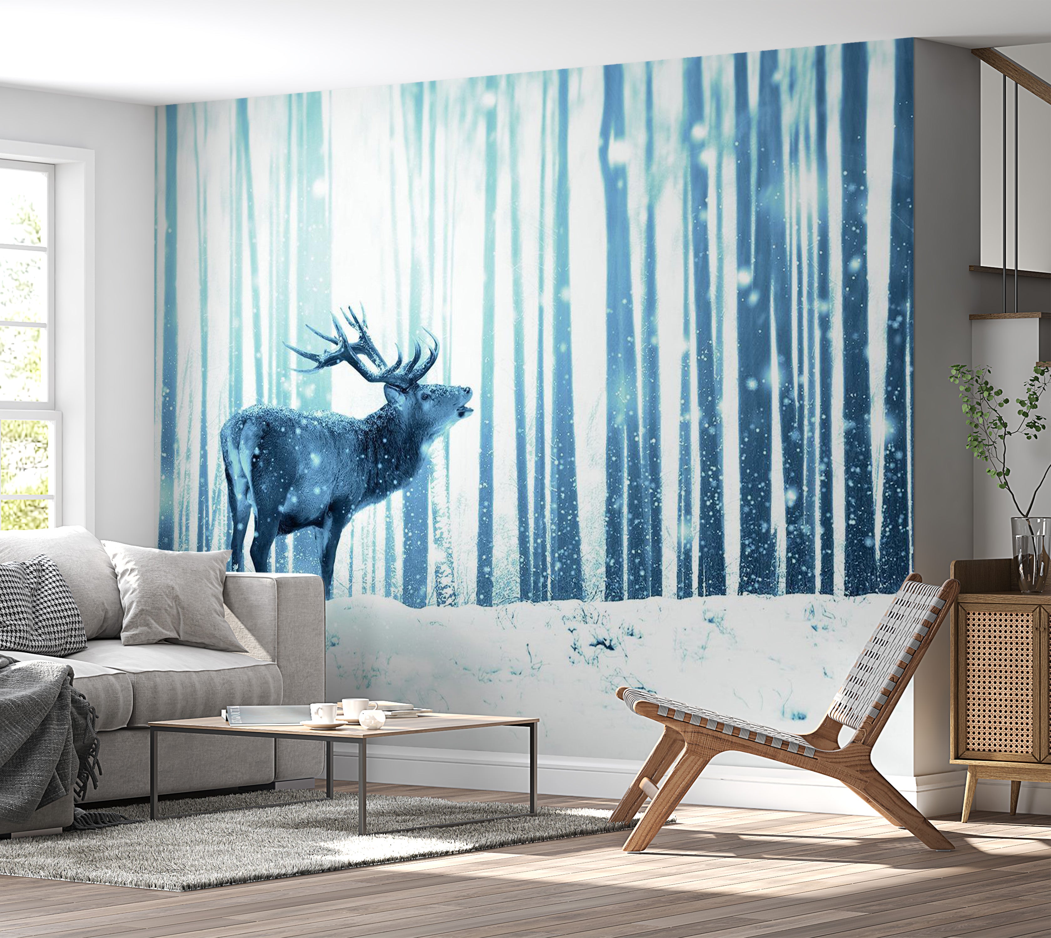 Animal Wallpaper Wall Mural - Deer In The Snow Blue 39"Wx27"H