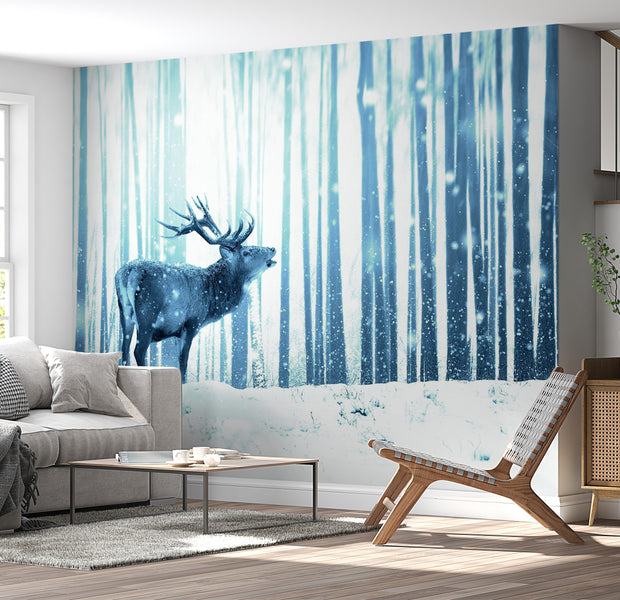 Animal Wallpaper Wall Mural - Deer In The Snow Blue 39"Wx27"H