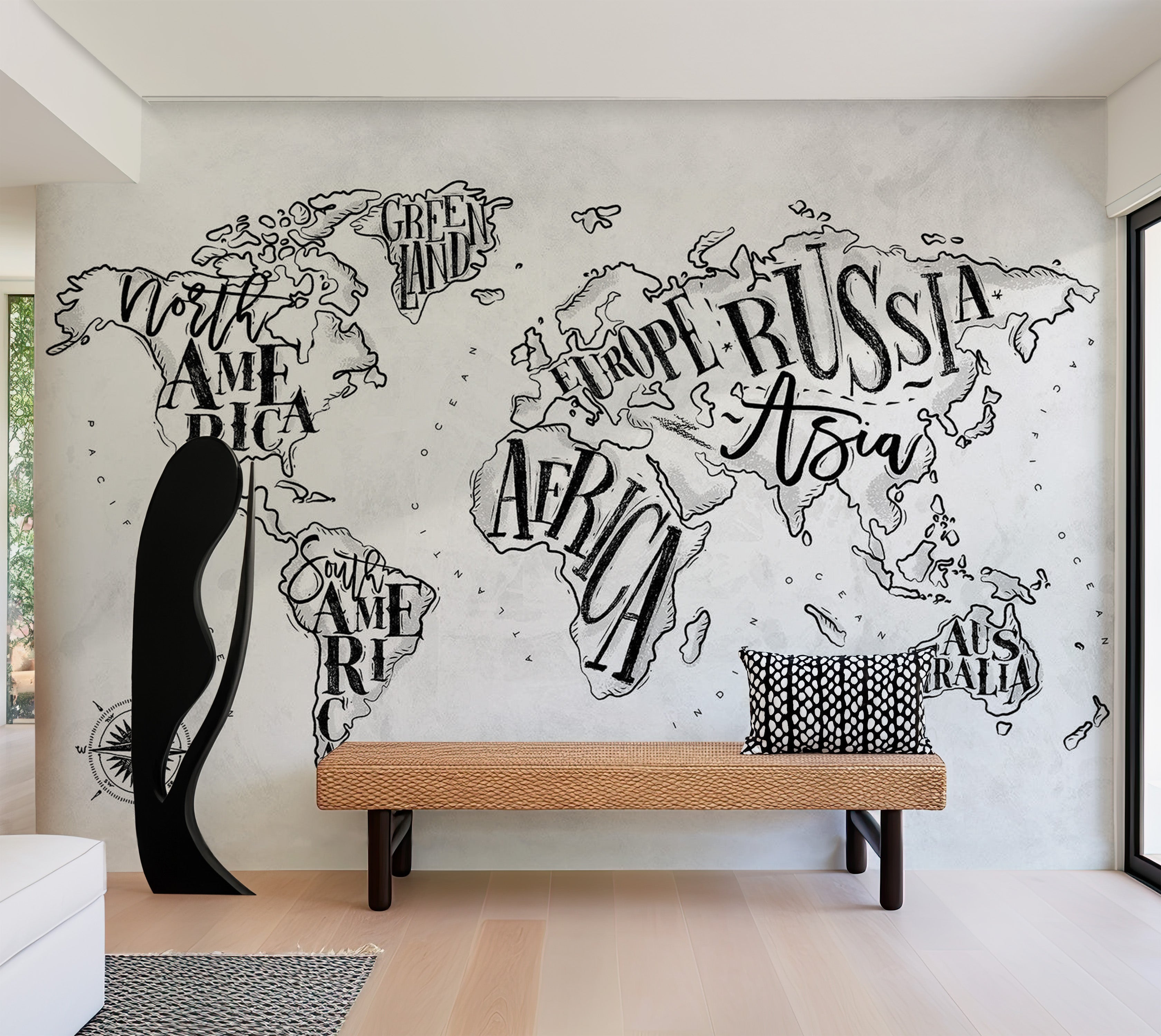 World Map Wallpaper Wall Mural - Retro Continents Grey 39"Wx27"H