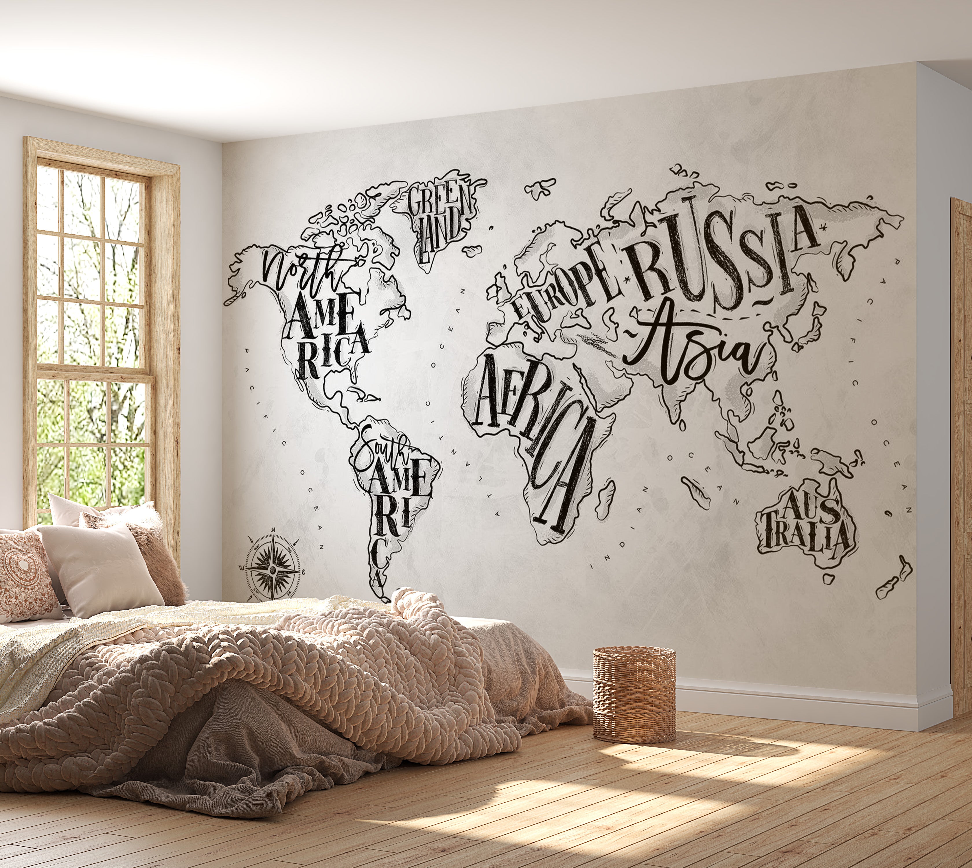 World Map Wallpaper Wall Mural - Retro Continents Grey 39"Wx27"H