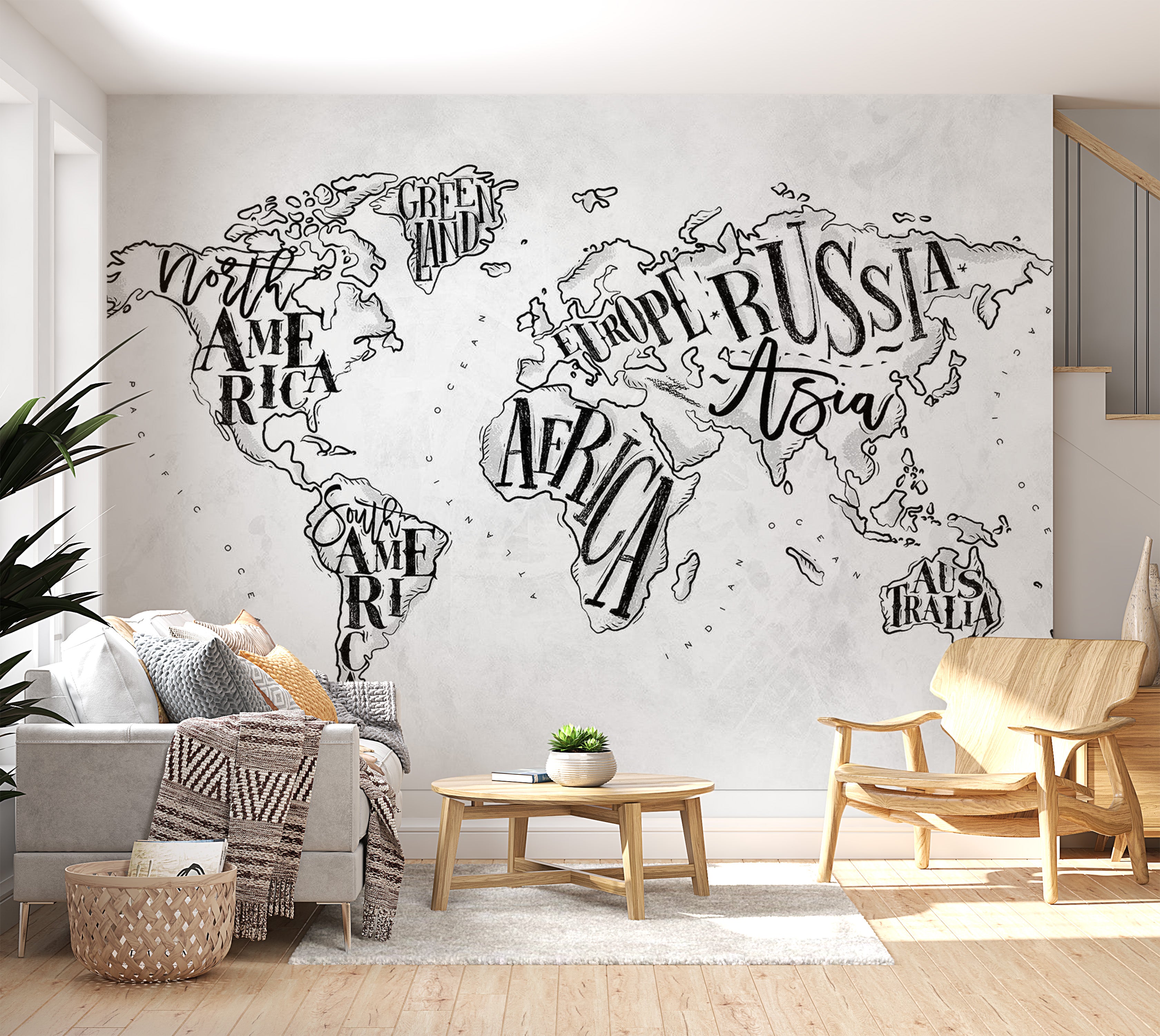 World Map Wallpaper Wall Mural - Retro Continents Grey 39"Wx27"H