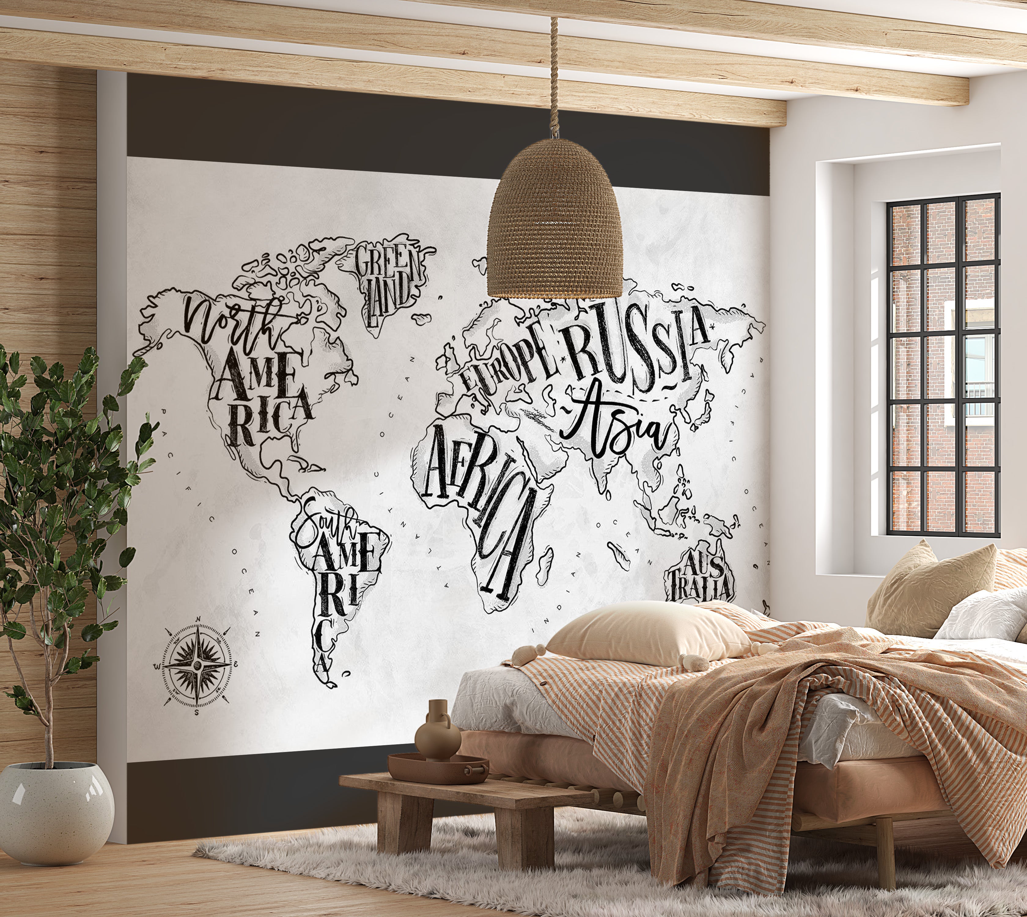 World Map Wallpaper Wall Mural - Retro Continents Grey 39"Wx27"H