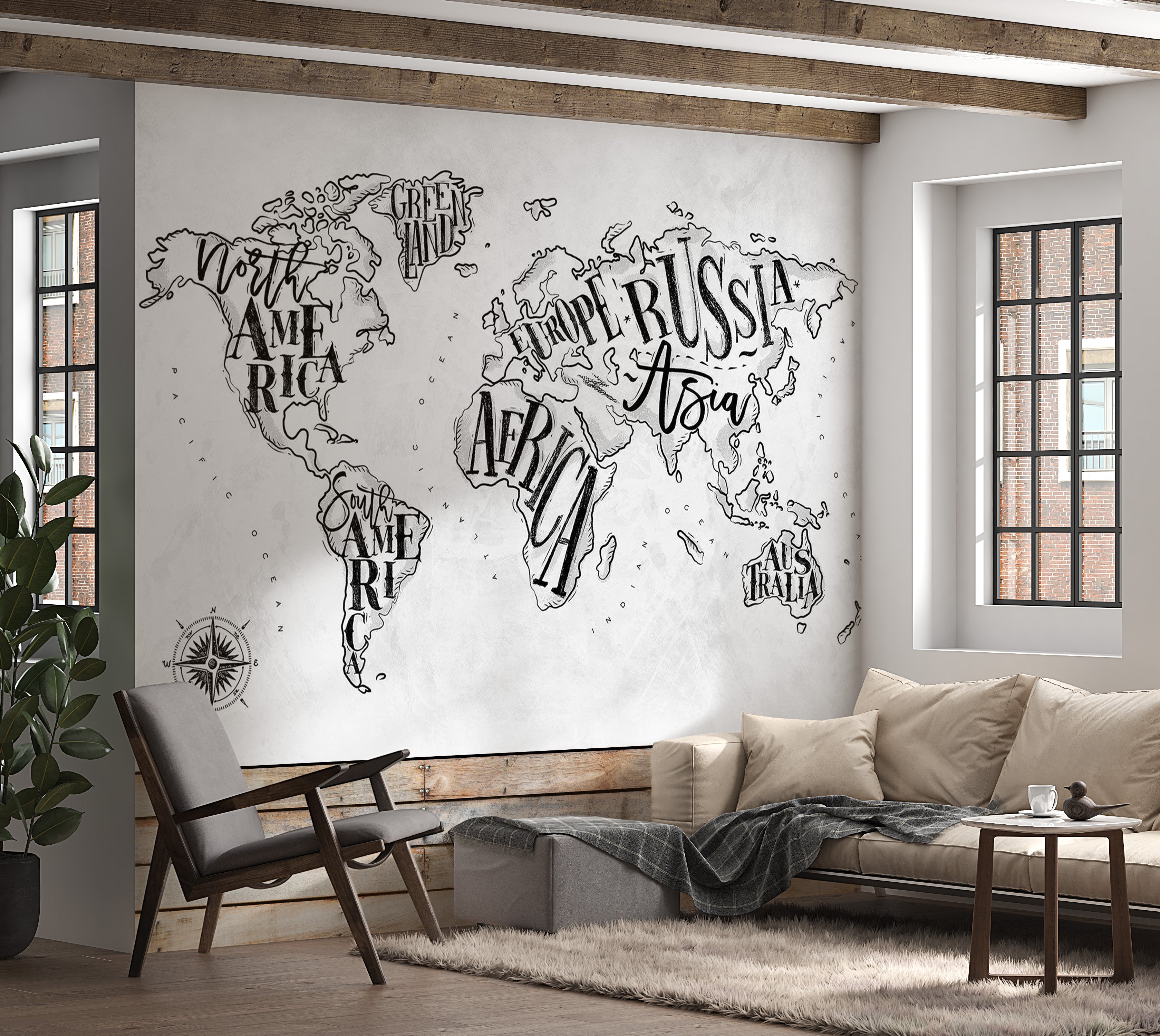 World Map Wallpaper Wall Mural - Retro Continents Grey 39"Wx27"H