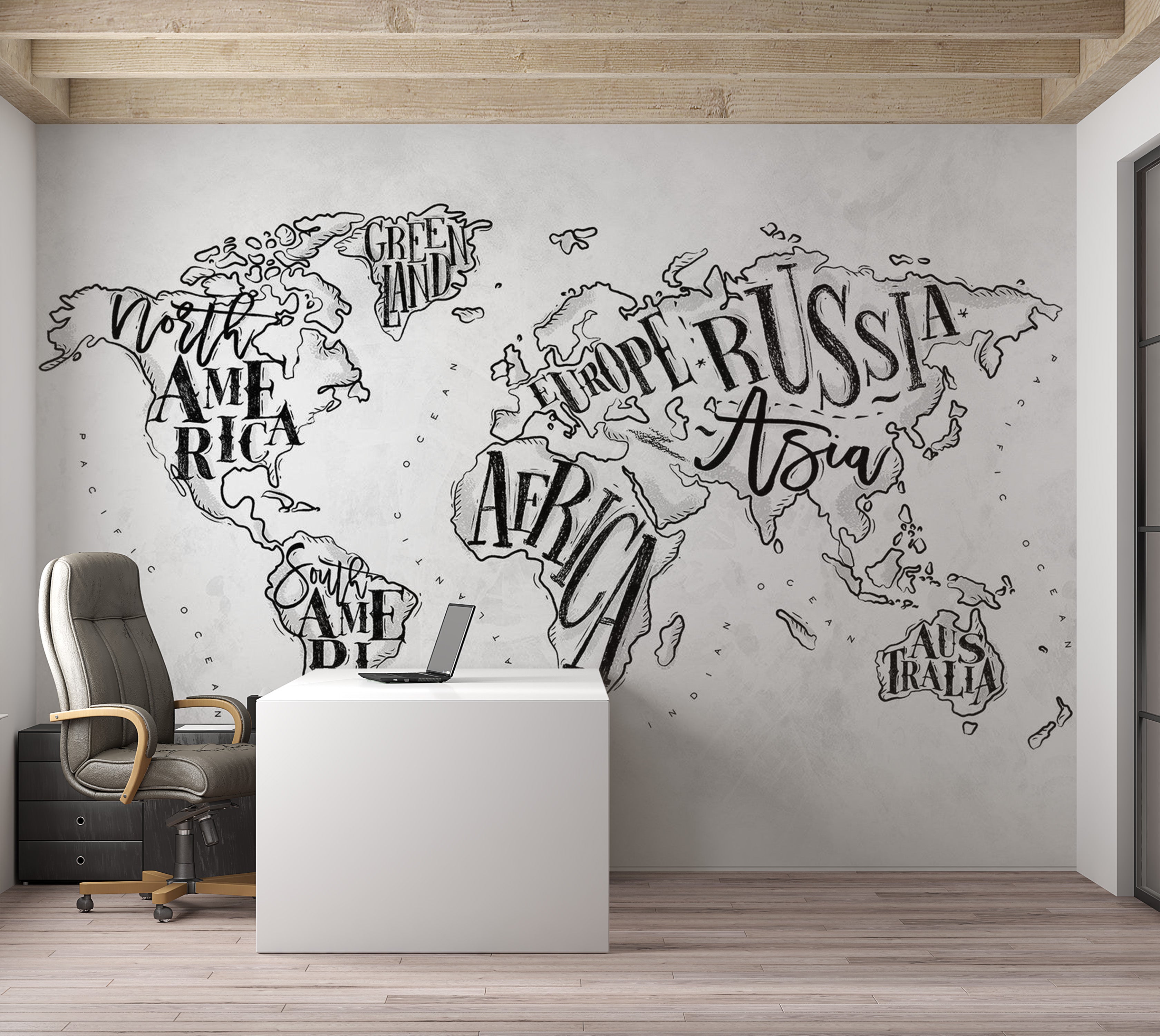 World Map Wallpaper Wall Mural - Retro Continents Grey 39"Wx27"H