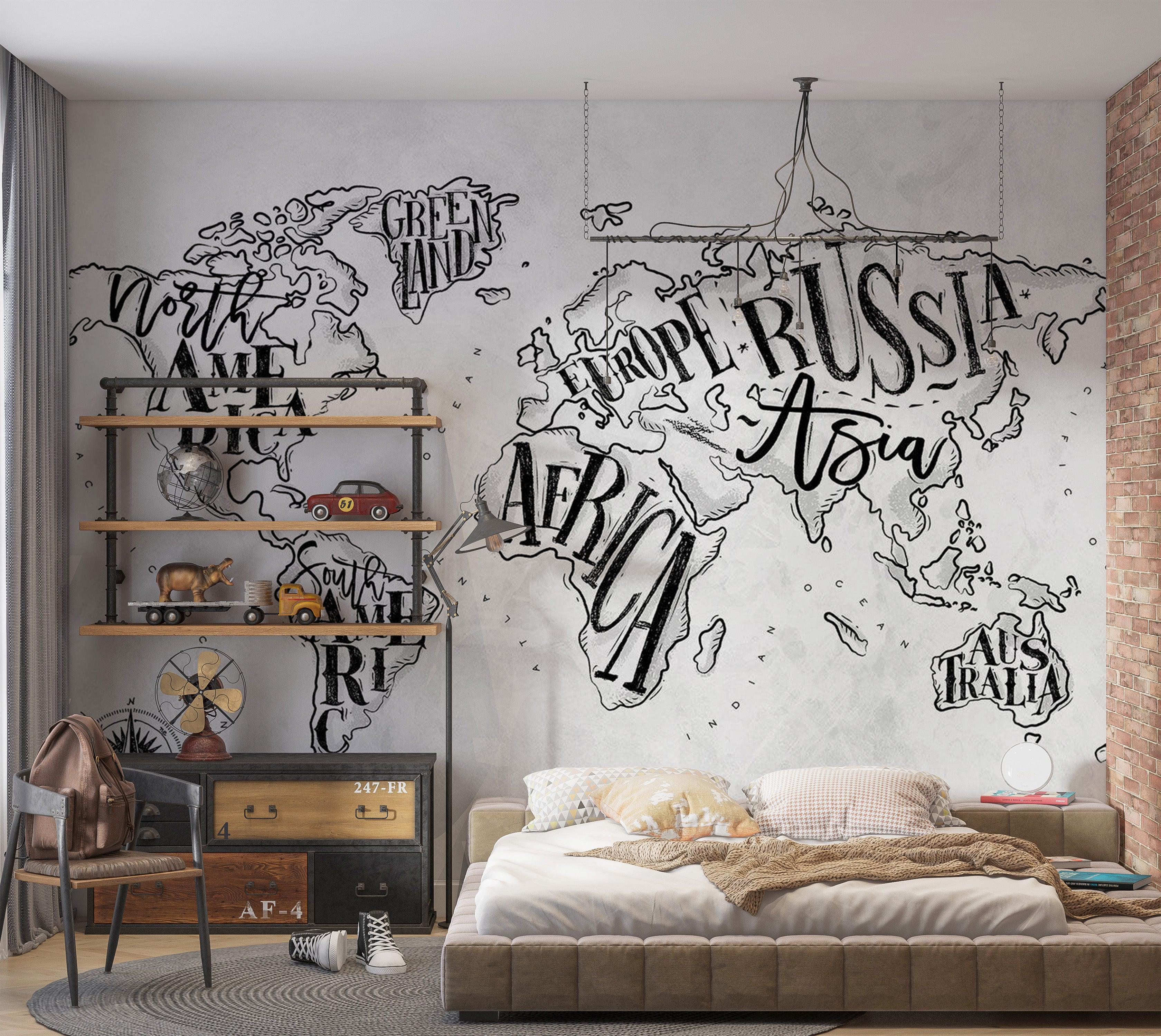 World Map Wallpaper Wall Mural - Retro Continents Grey