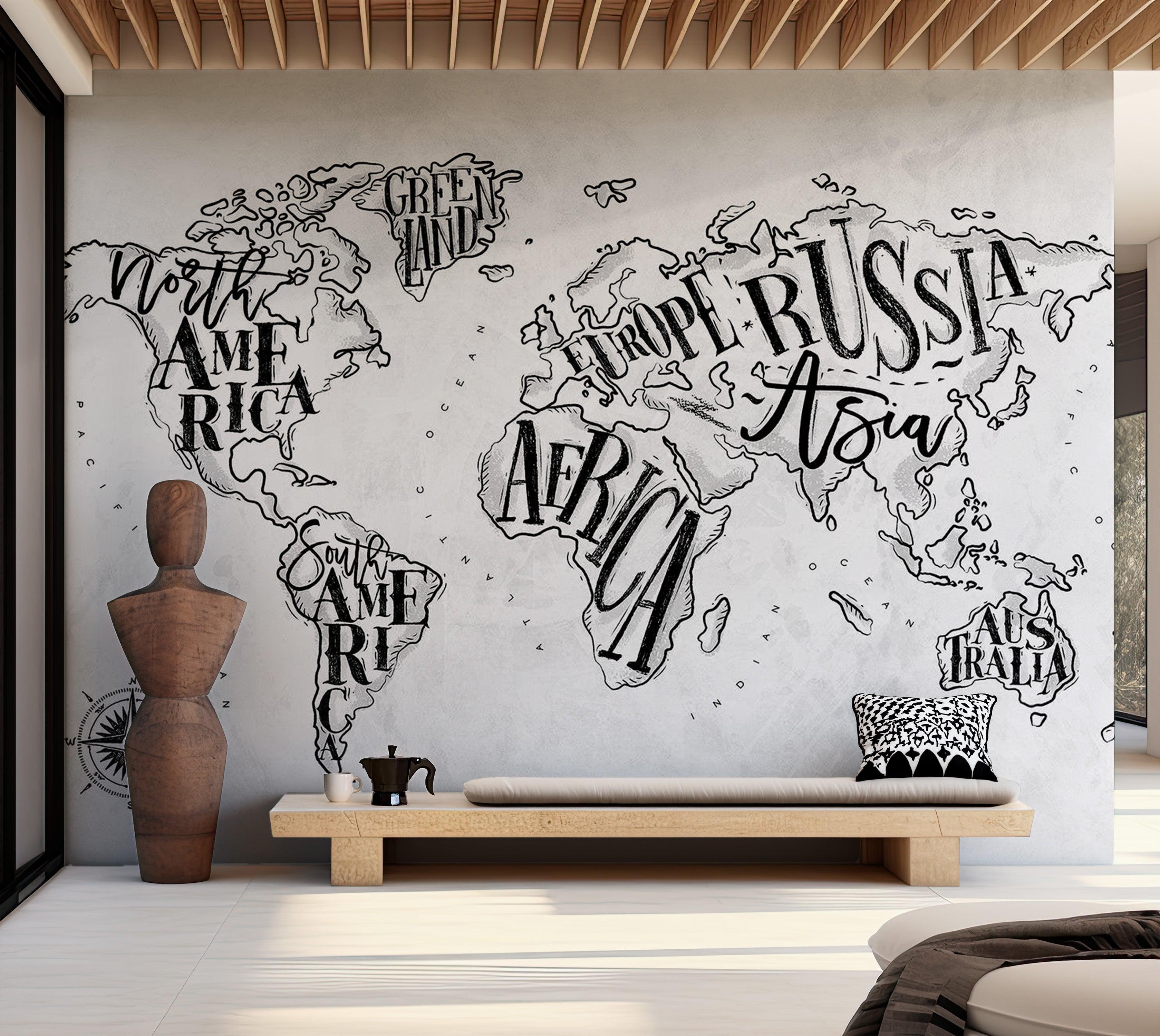 World Map Wallpaper Wall Mural - Retro Continents Grey