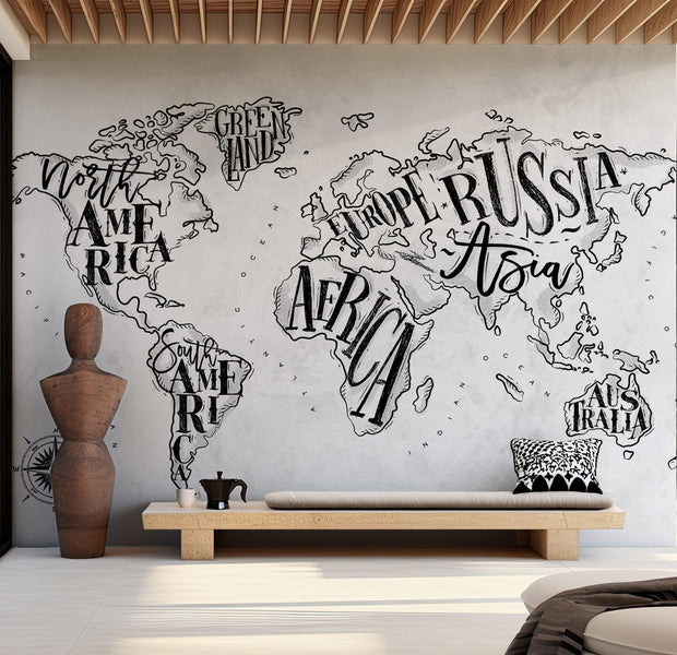 World Map Wallpaper Wall Mural - Retro Continents Grey