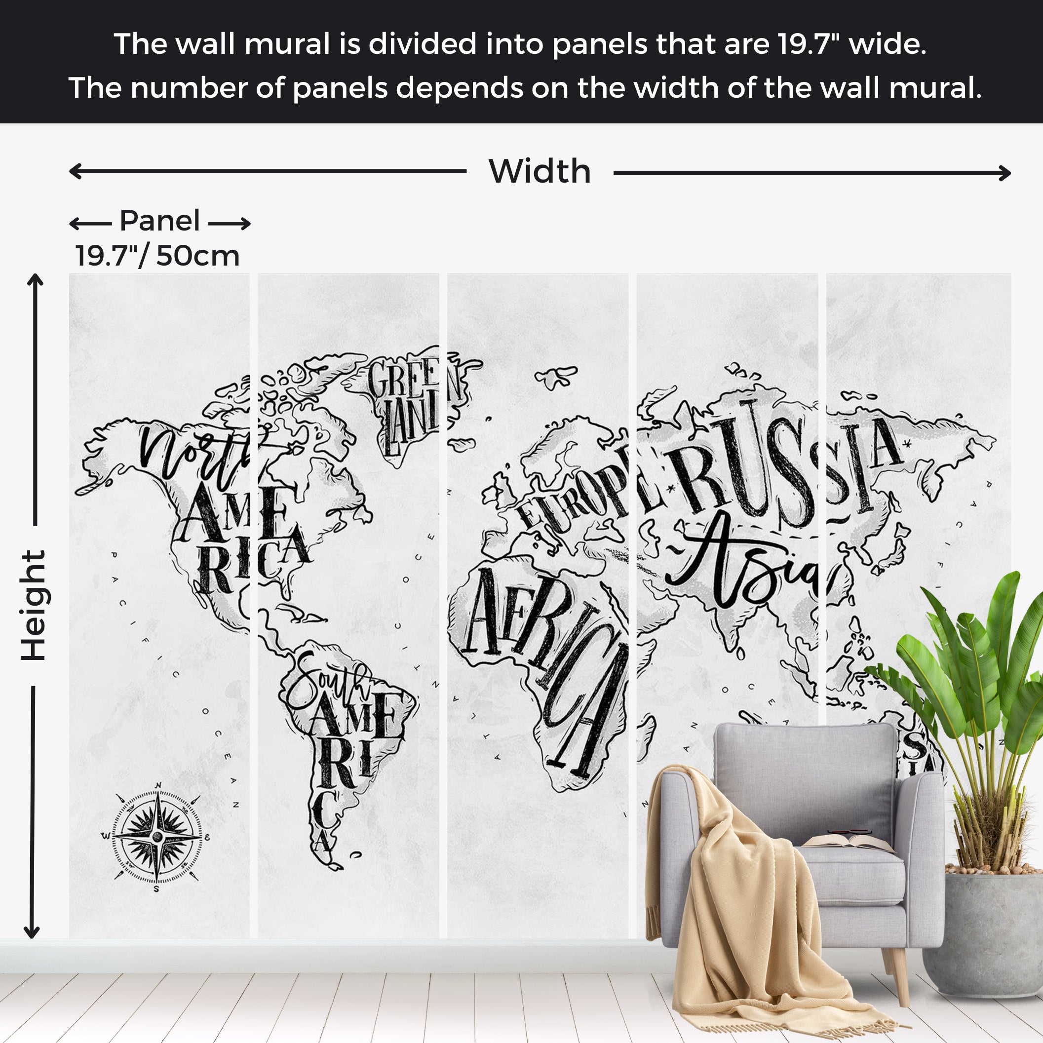 World Map Wallpaper Wall Mural - Retro Continents Grey 39"Wx27"H