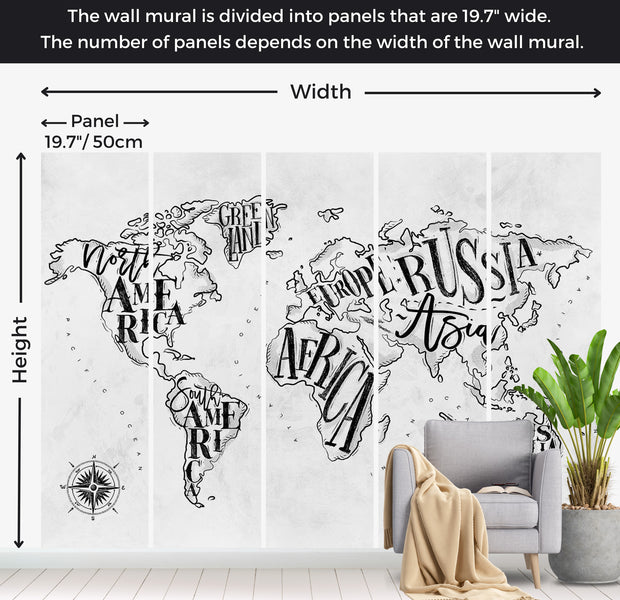 World Map Wallpaper Wall Mural - Retro Continents Grey 39"Wx27"H