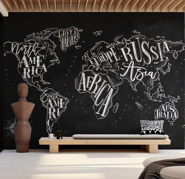 World Map Wallpaper Wall Mural - Retro Continents Black