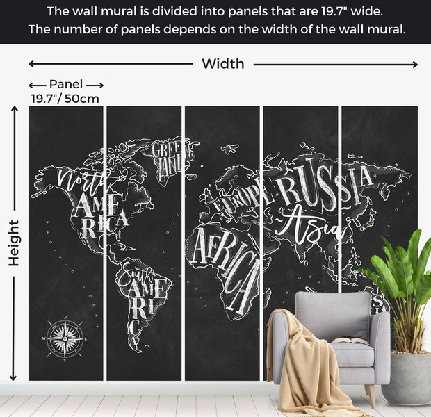 World Map Wallpaper Wall Mural - Retro Continents Black 39"Wx27"H