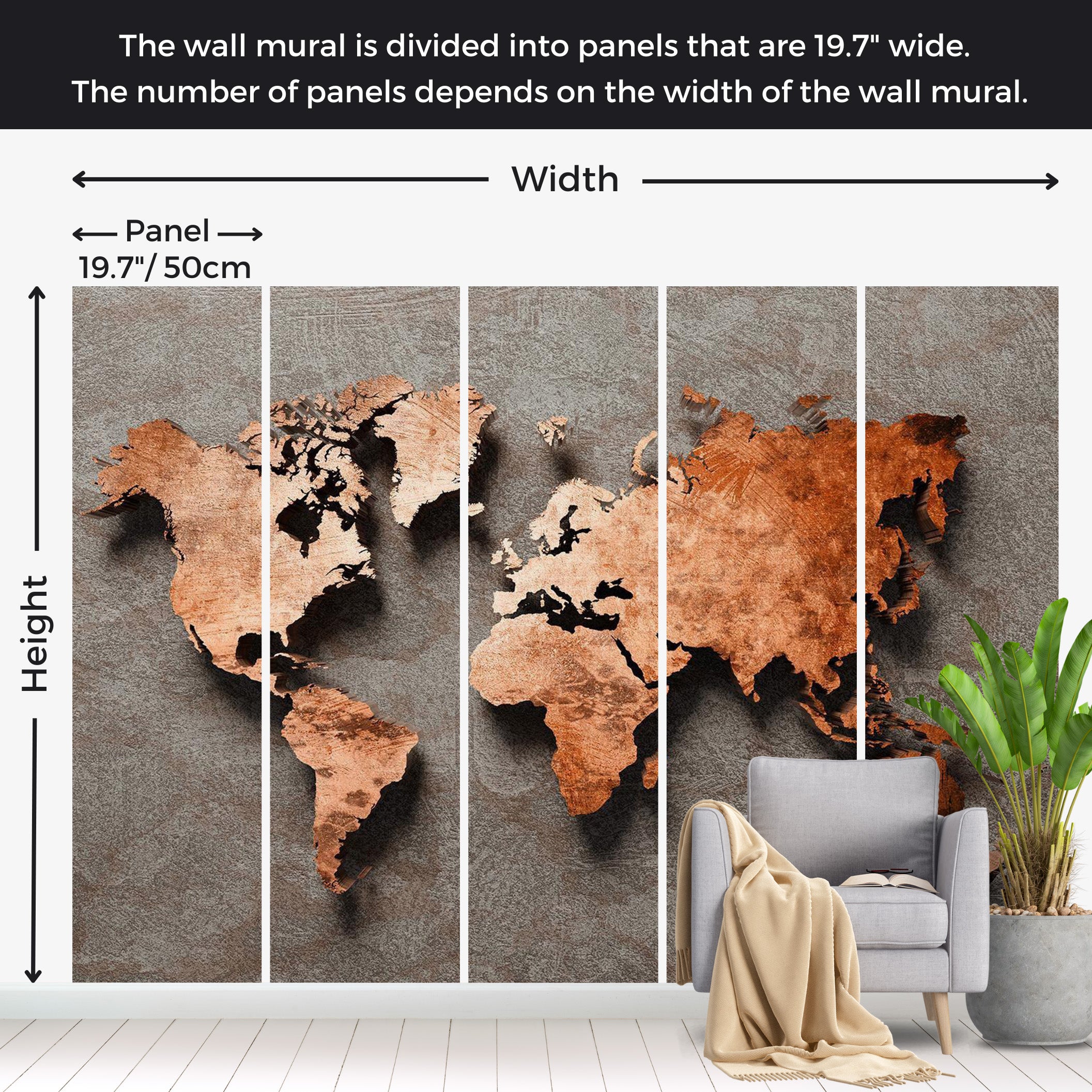 World Map Wallpaper Wall Mural - Copper Map 39"Wx27"H