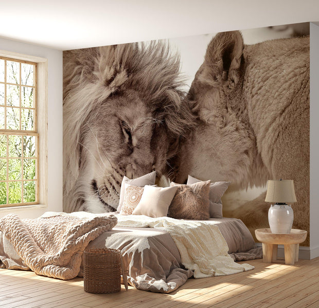 Animal Wallpaper Wall Mural - Lion Tenderness Sepia