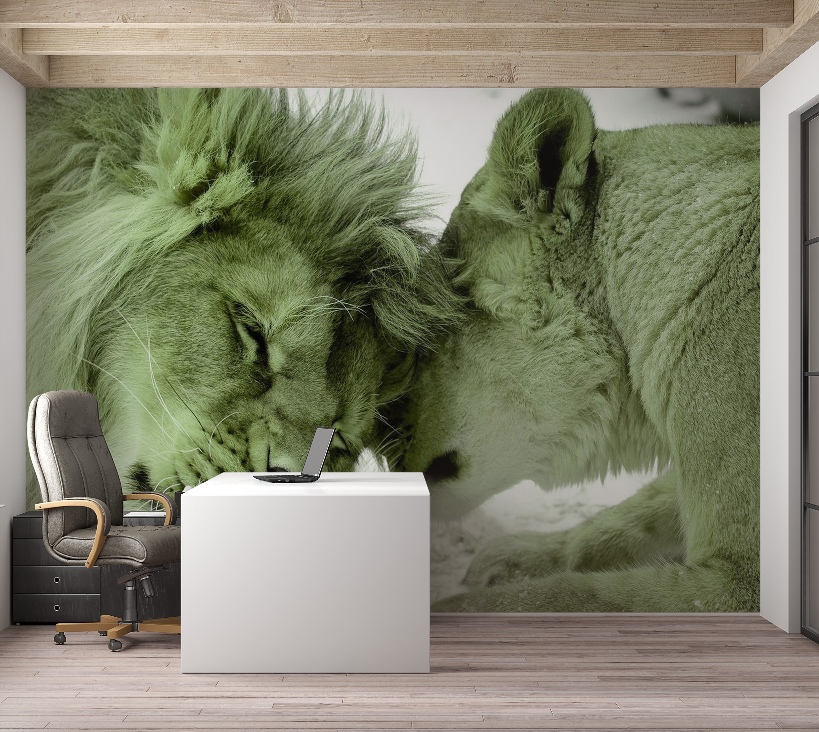 Animal Wallpaper Wall Mural - Lion Tenderness Green 39"Wx27"H