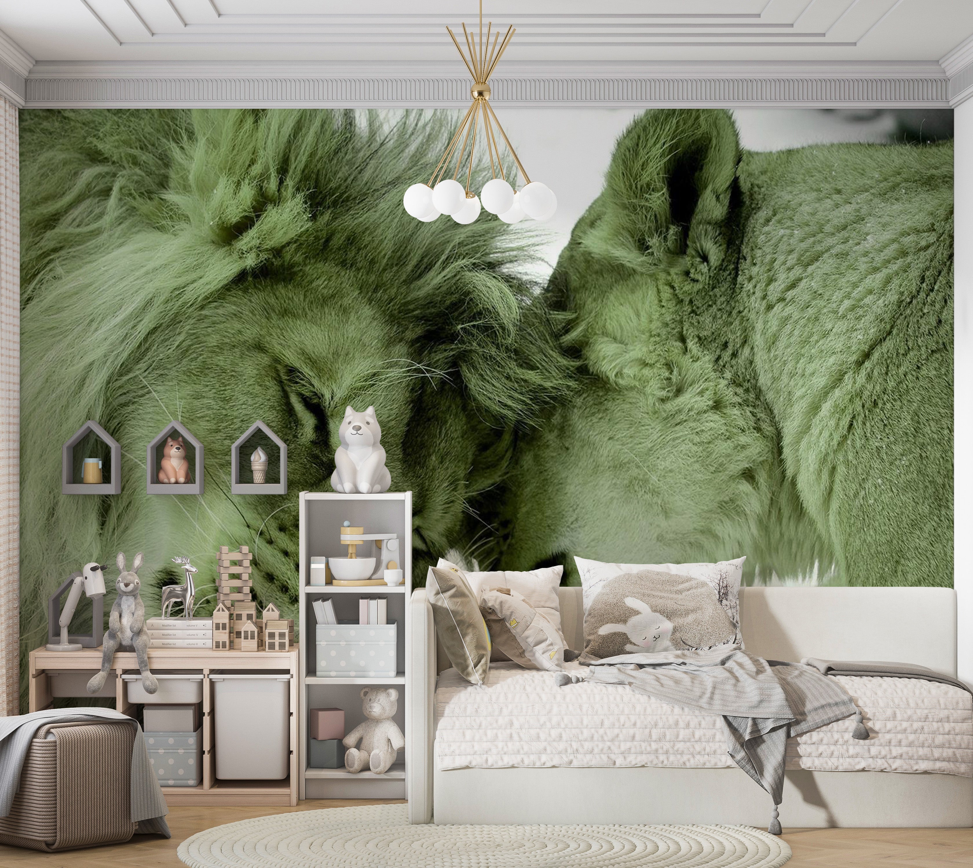 Animal Wallpaper Wall Mural - Lion Tenderness Green 39"Wx27"H