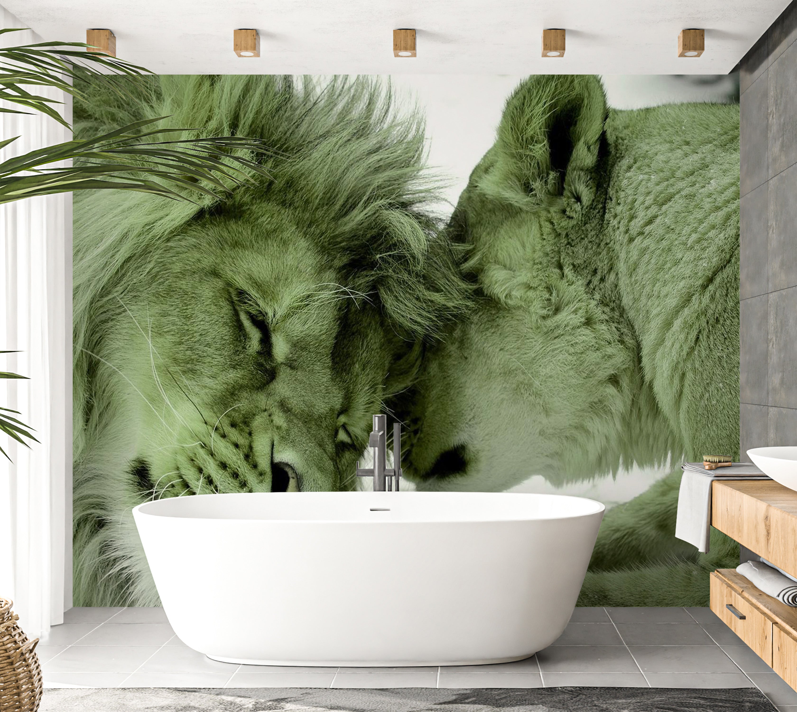 Animal Wallpaper Wall Mural - Lion Tenderness Green 39"Wx27"H