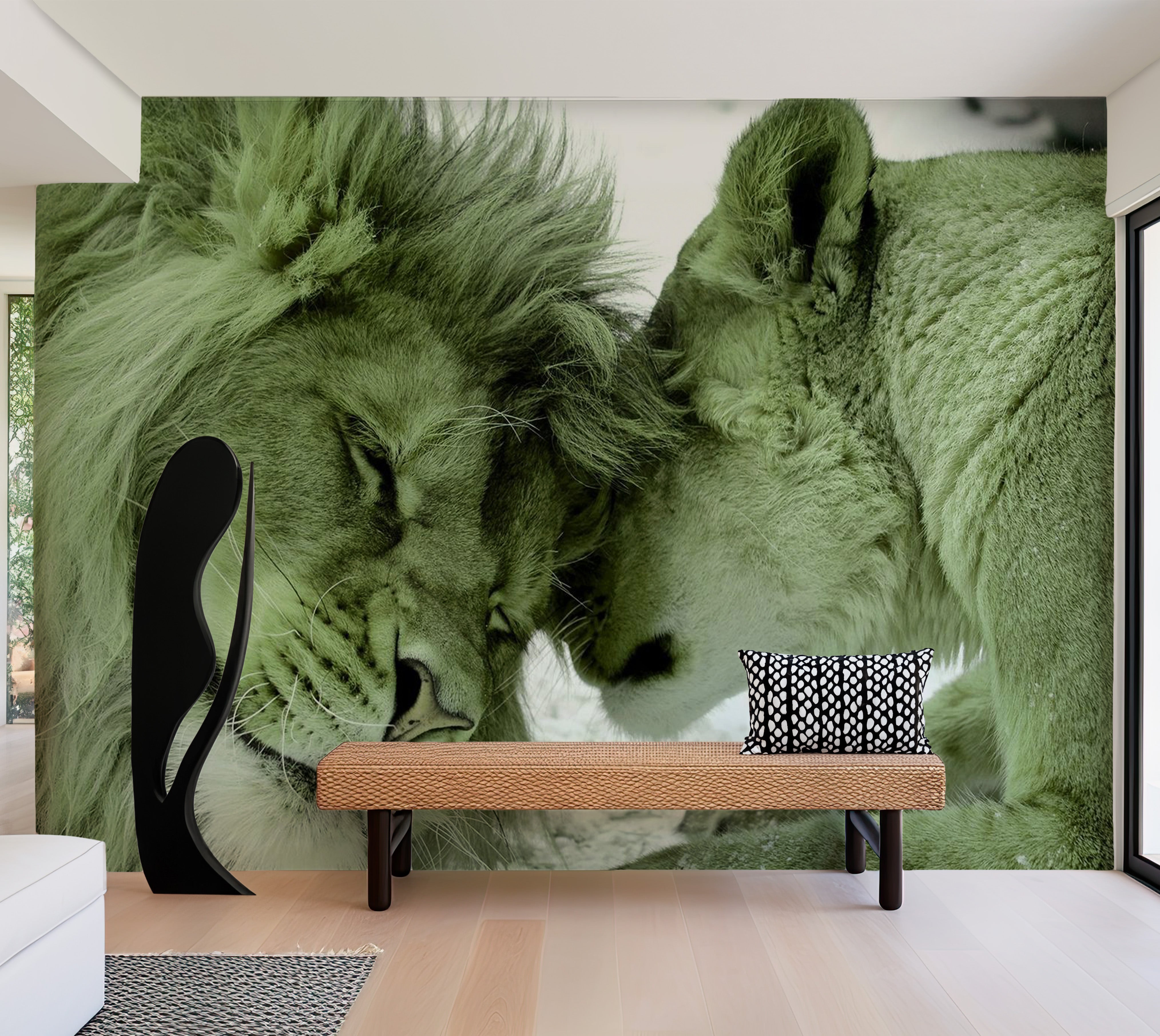 Animal Wallpaper Wall Mural - Lion Tenderness Green 39"Wx27"H