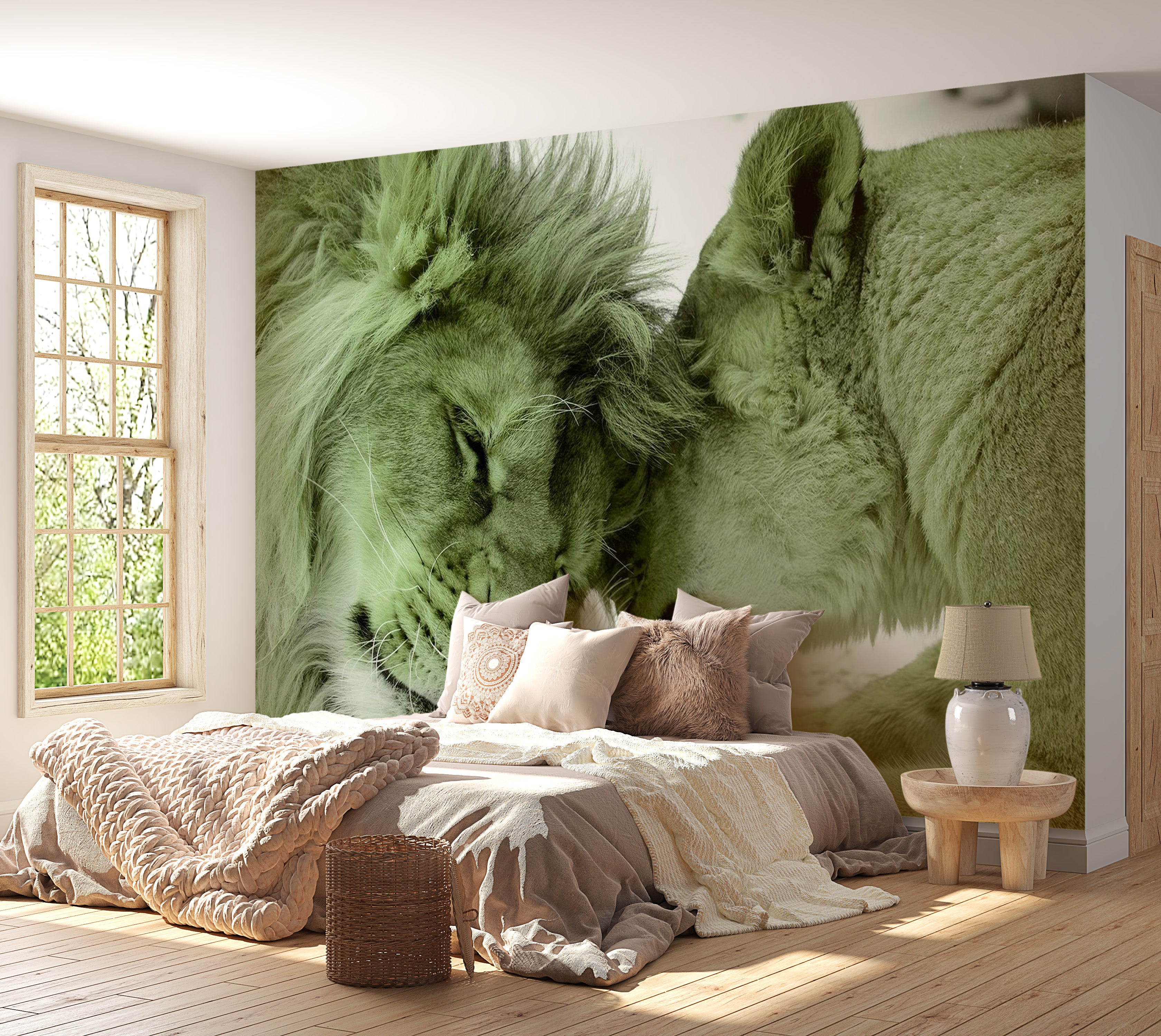 Animal Wallpaper Wall Mural - Lion Tenderness Green 39"Wx27"H