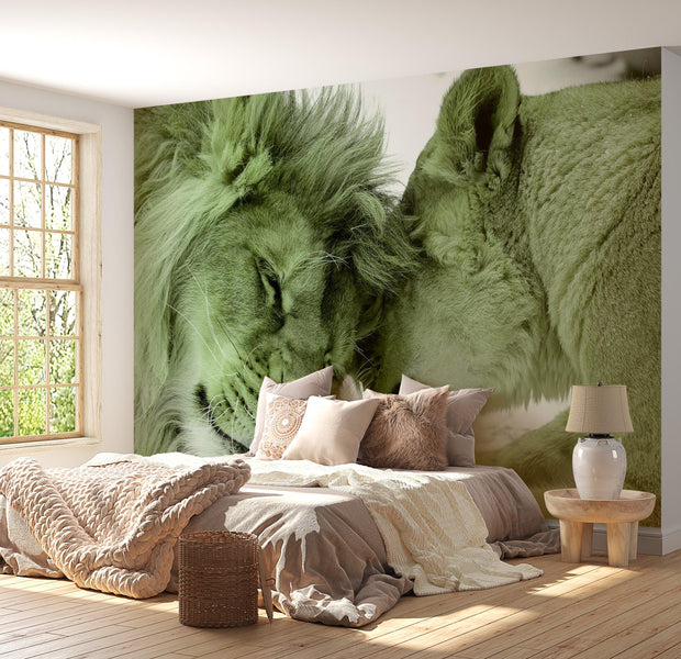 Animal Wallpaper Wall Mural - Lion Tenderness Green