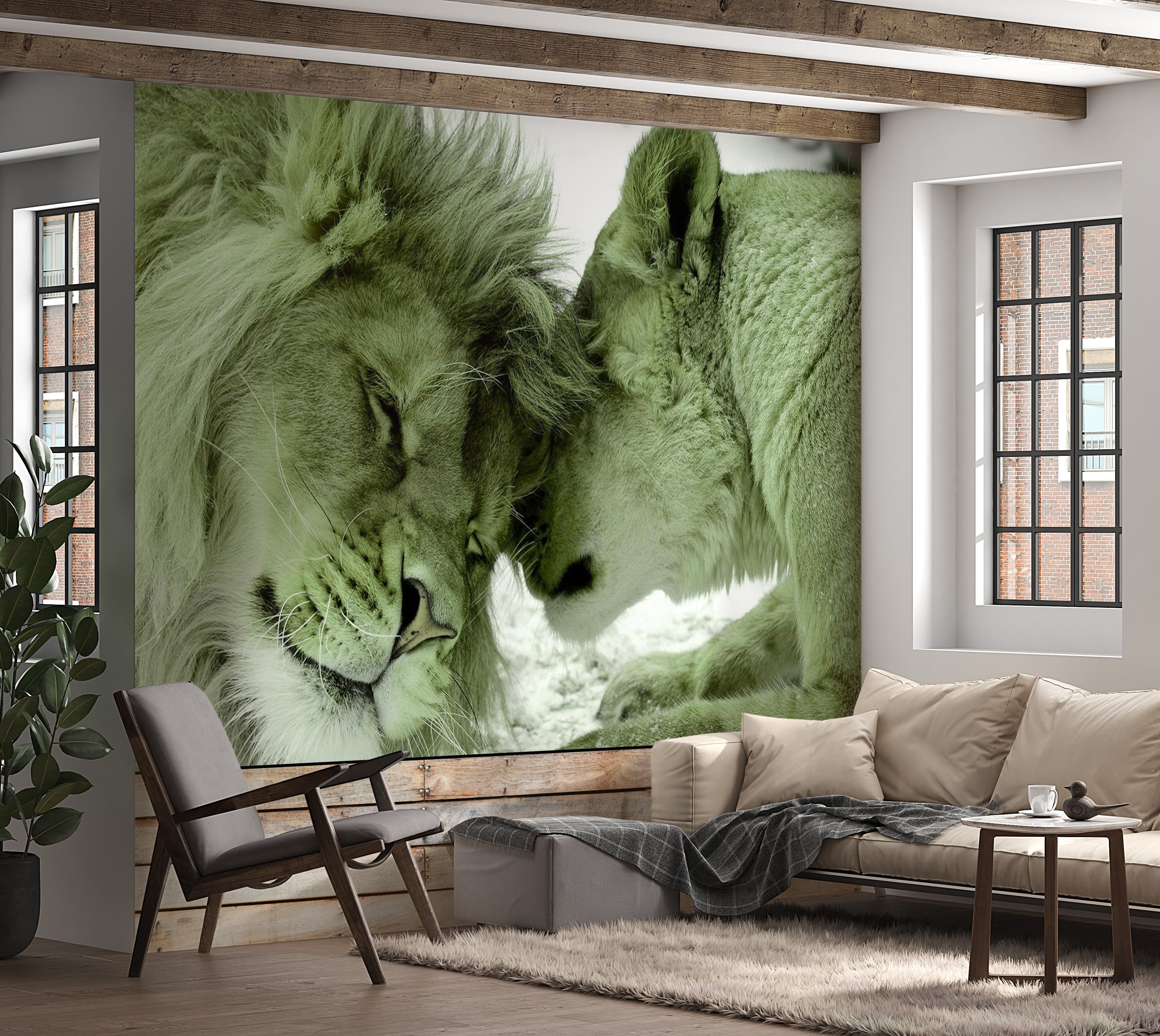 Animal Wallpaper Wall Mural - Lion Tenderness Green 39"Wx27"H