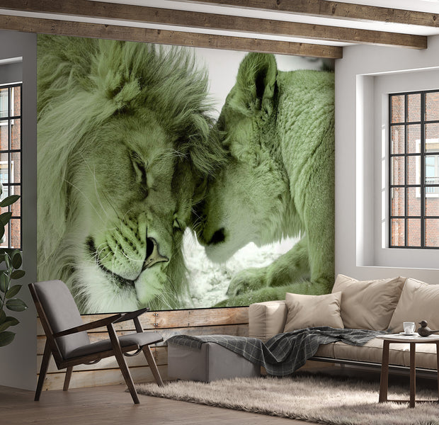 Animal Wallpaper Wall Mural - Lion Tenderness Green 39"Wx27"H