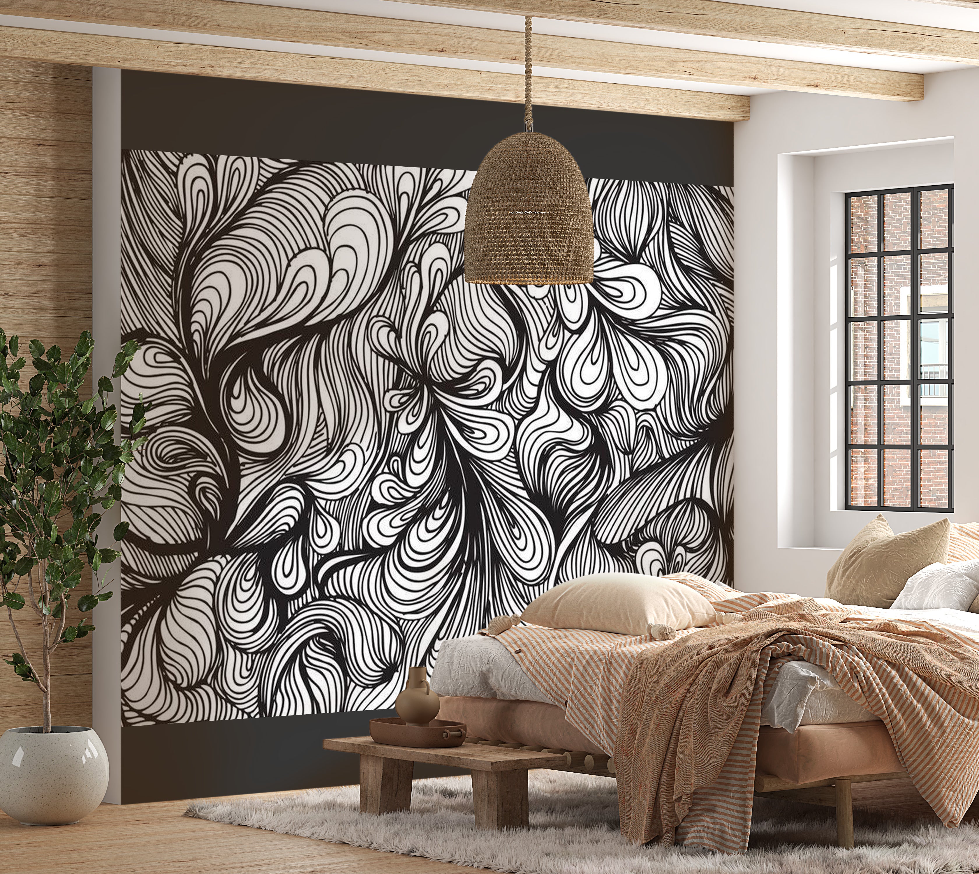 Abstract Wallpaper Wall Mural - Black And White Retro Style 118"Wx90"H