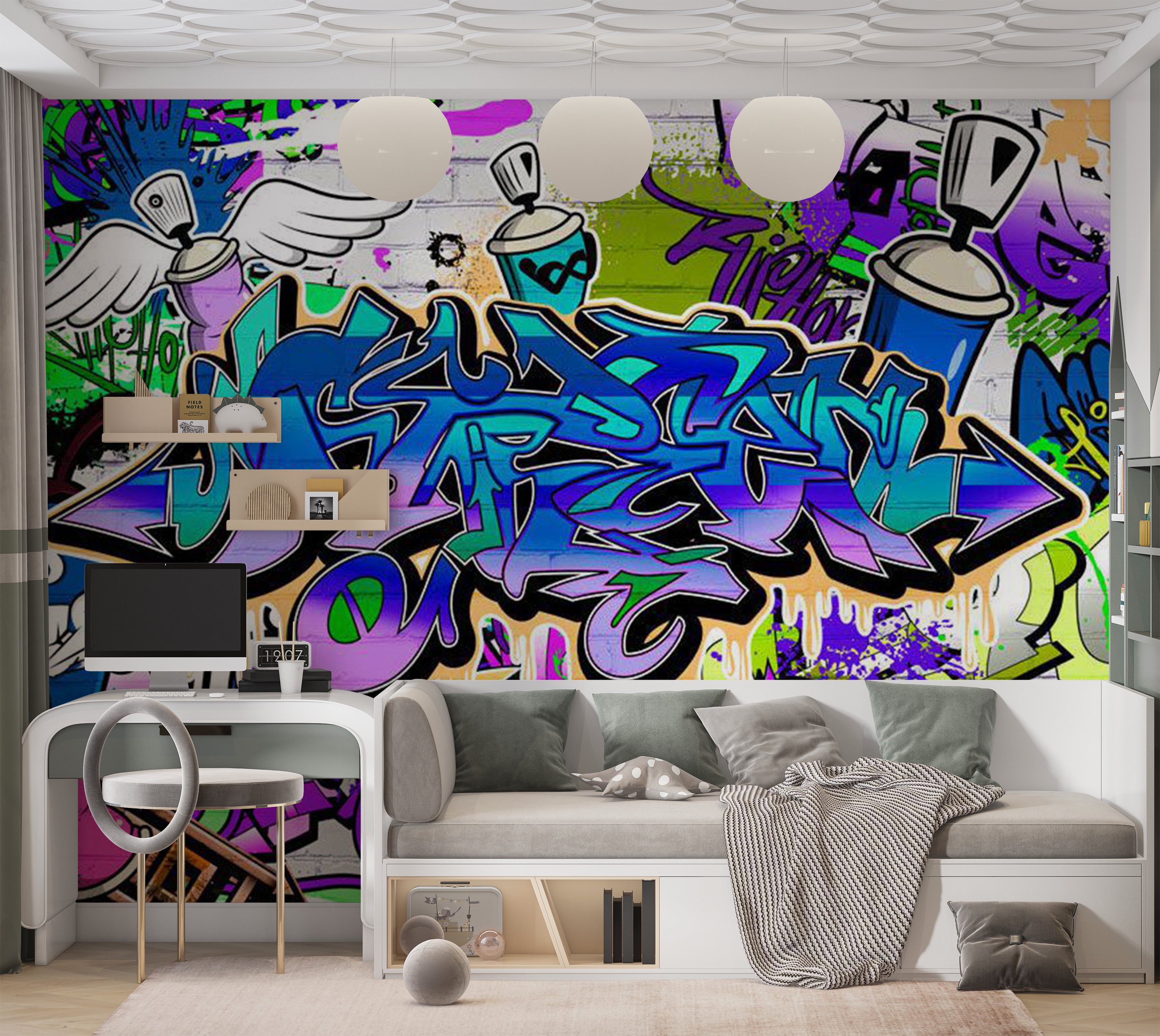 Peel & Stick Street Art Wall Mural - Graffiti Blue Theme 38"Wx27"H
