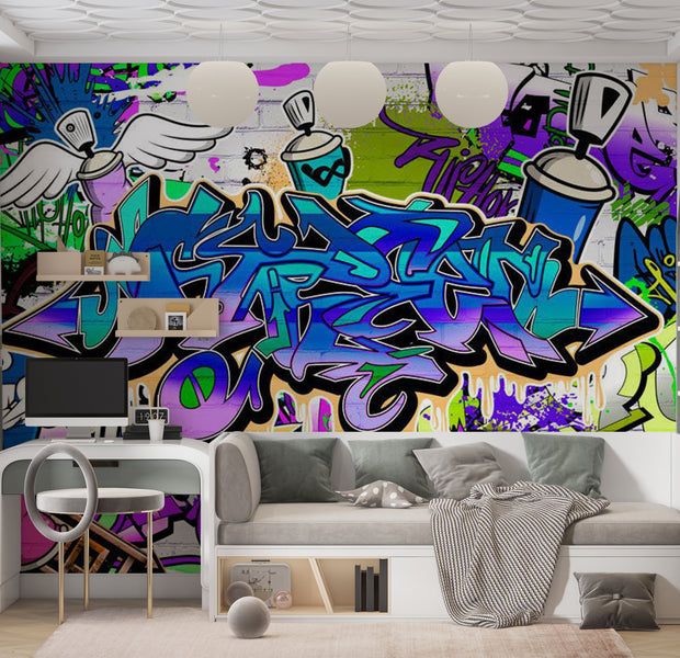 Peel & Stick Street Art Wall Mural - Graffiti Blue Theme 38"Wx27"H