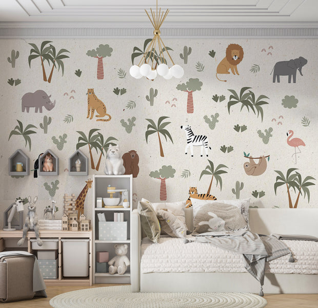 Peel & Stick Kids Wall Mural - Cartoon Jungle Composition 38"Wx27"H