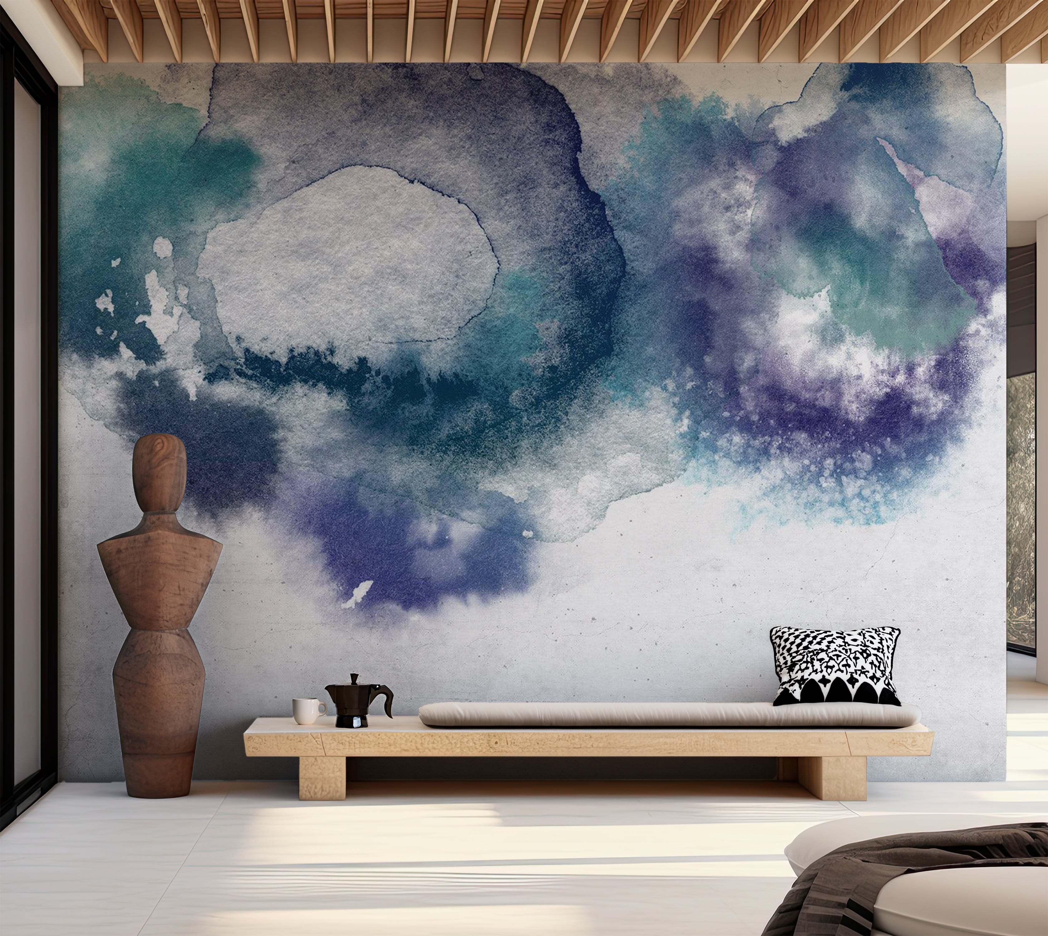 Abstract Wallpaper Wall Mural - Blue Watercolor Drops 39"Wx27"H / Standard