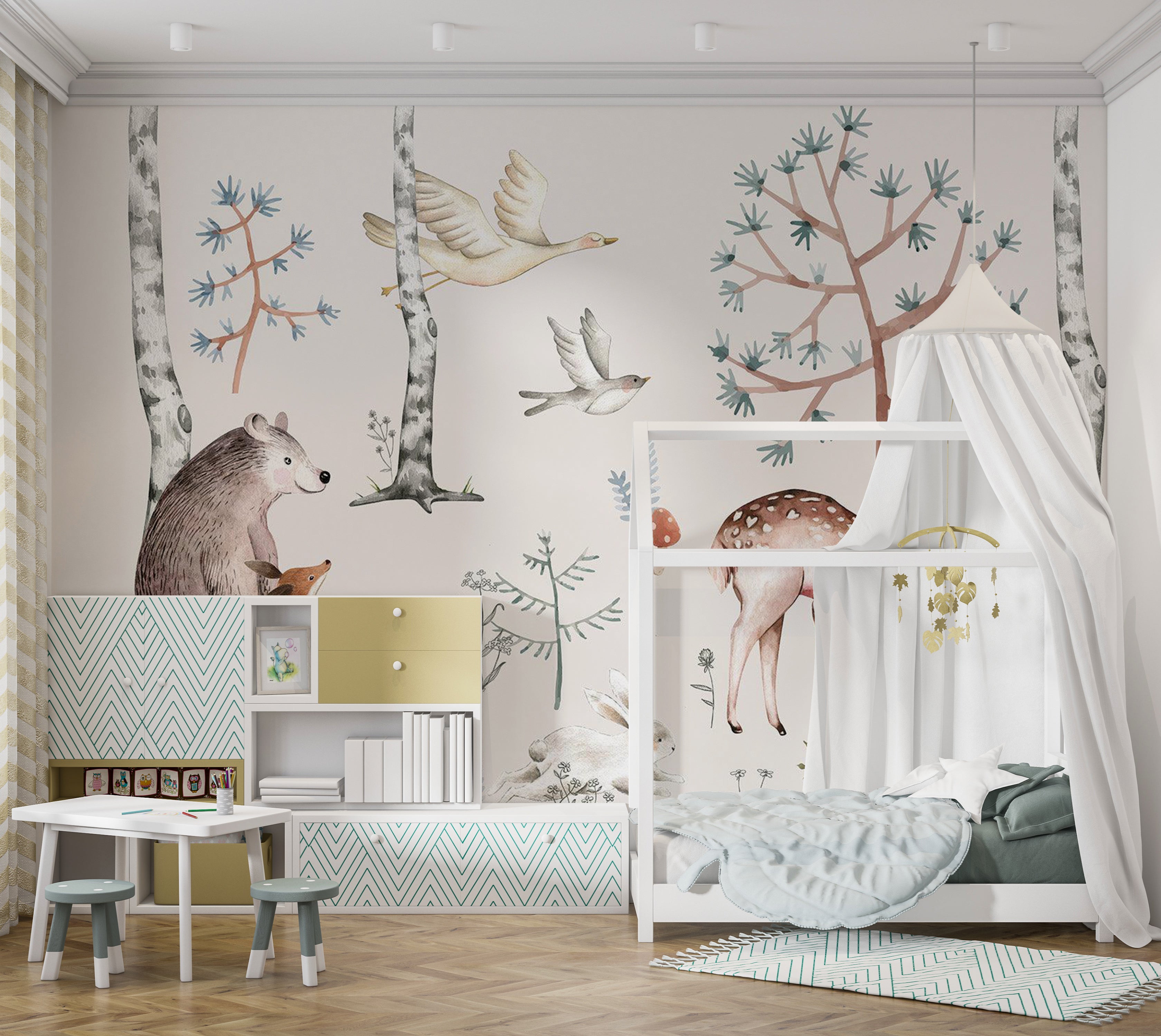 Peel & Stick Kids Wall Mural - Watercolor Forest With Animals 38"Wx27"H