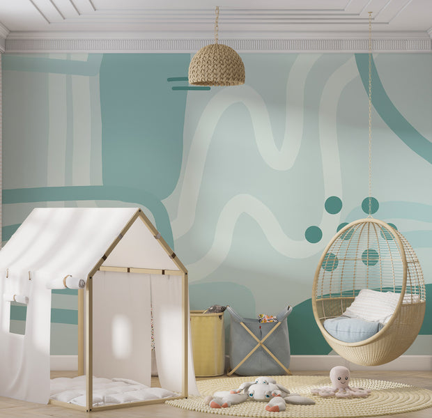 Abstract Wallpaper Wall Mural - Geometric Shapes Blue 39"Wx27"H / Standard