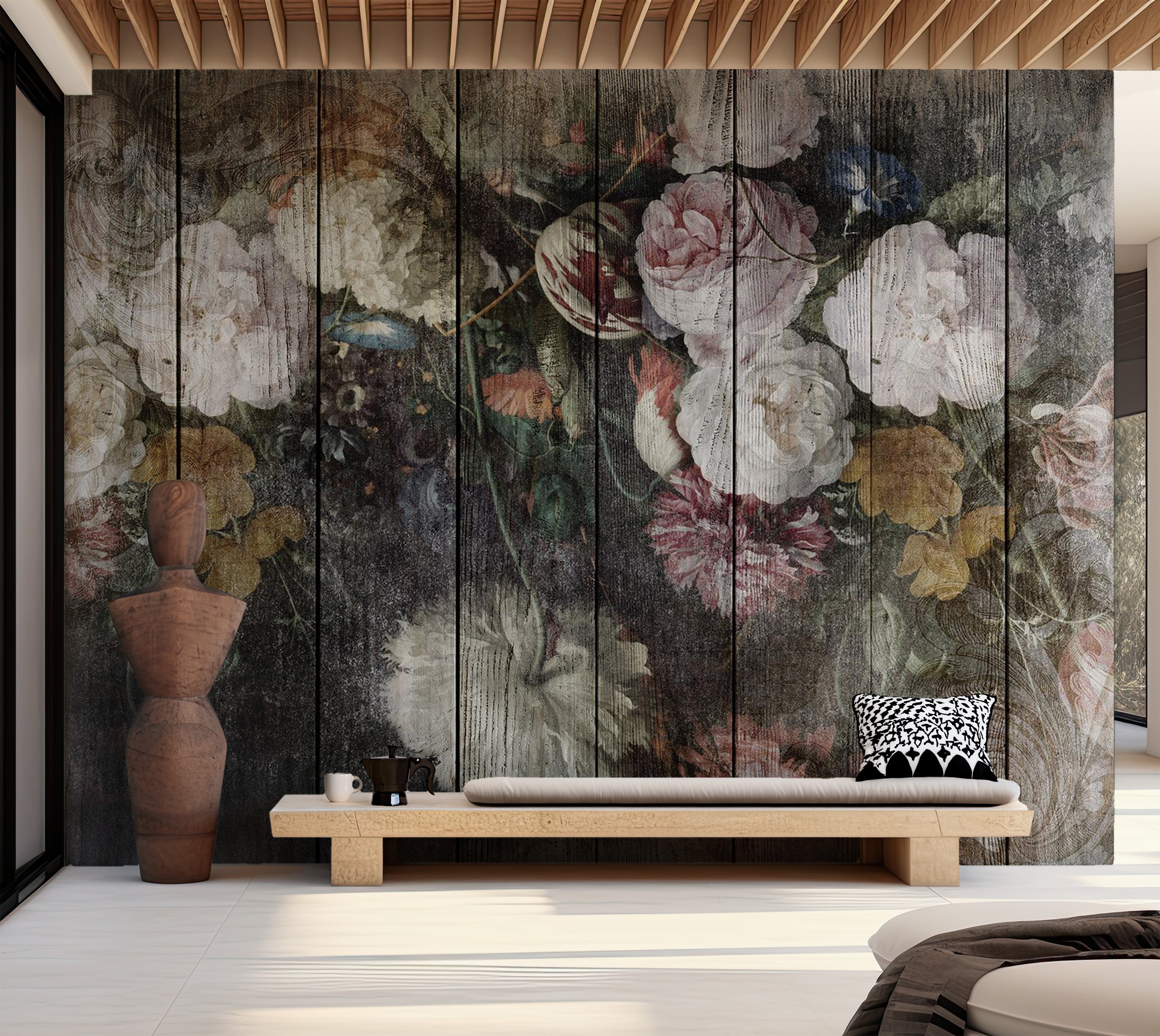 Floral Wallpaper Wall Mural - Vintage Flowers on Wood 39"Wx27"H / Standard