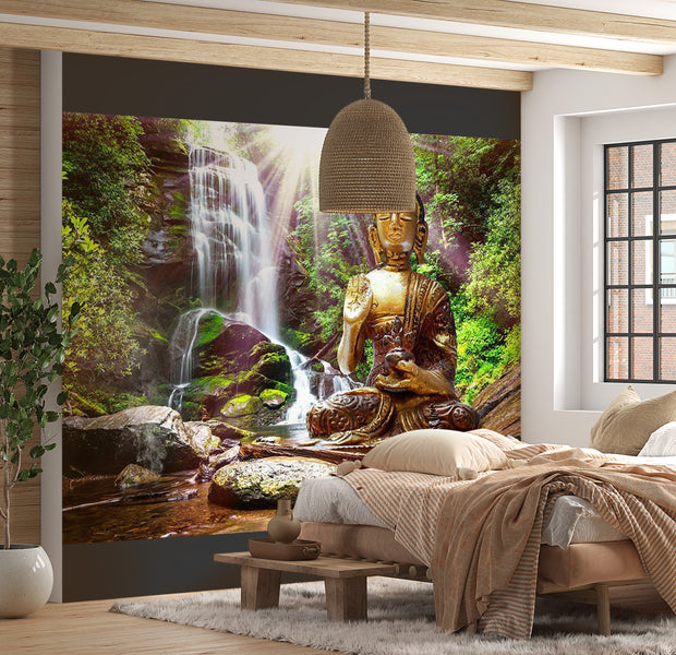 Zen Wallpaper Wall Mural - Buddha Waterfall Forest 39"Wx27"H