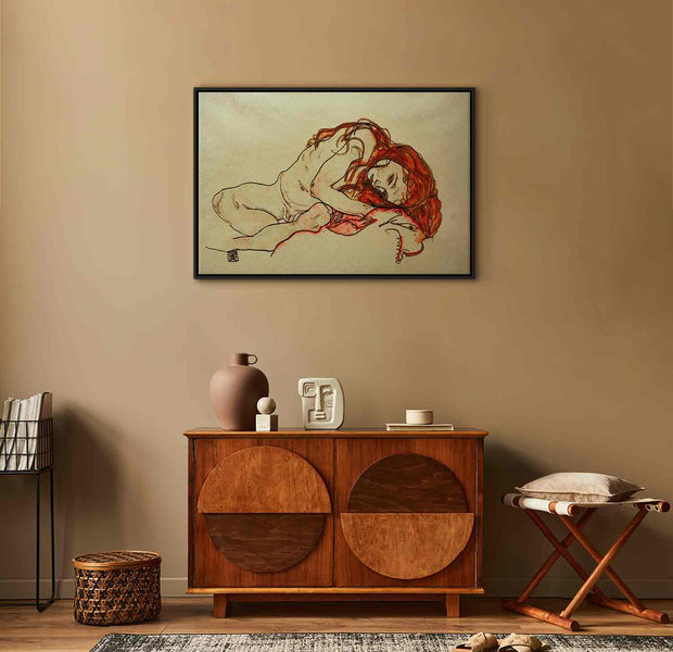 Floating Framed Canvas Art - Crouching Female Nude with Bending Head - Egon Schiele