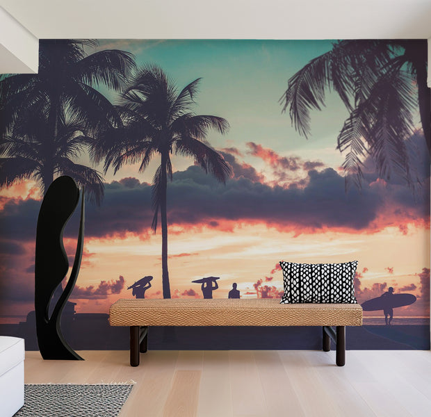Peel & Stick Tropical Wall Mural - Surfing At Sunset