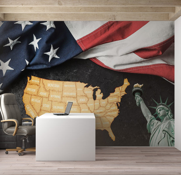 Peel & Stick Americana Wall Mural - USA Map With Flag And Statue