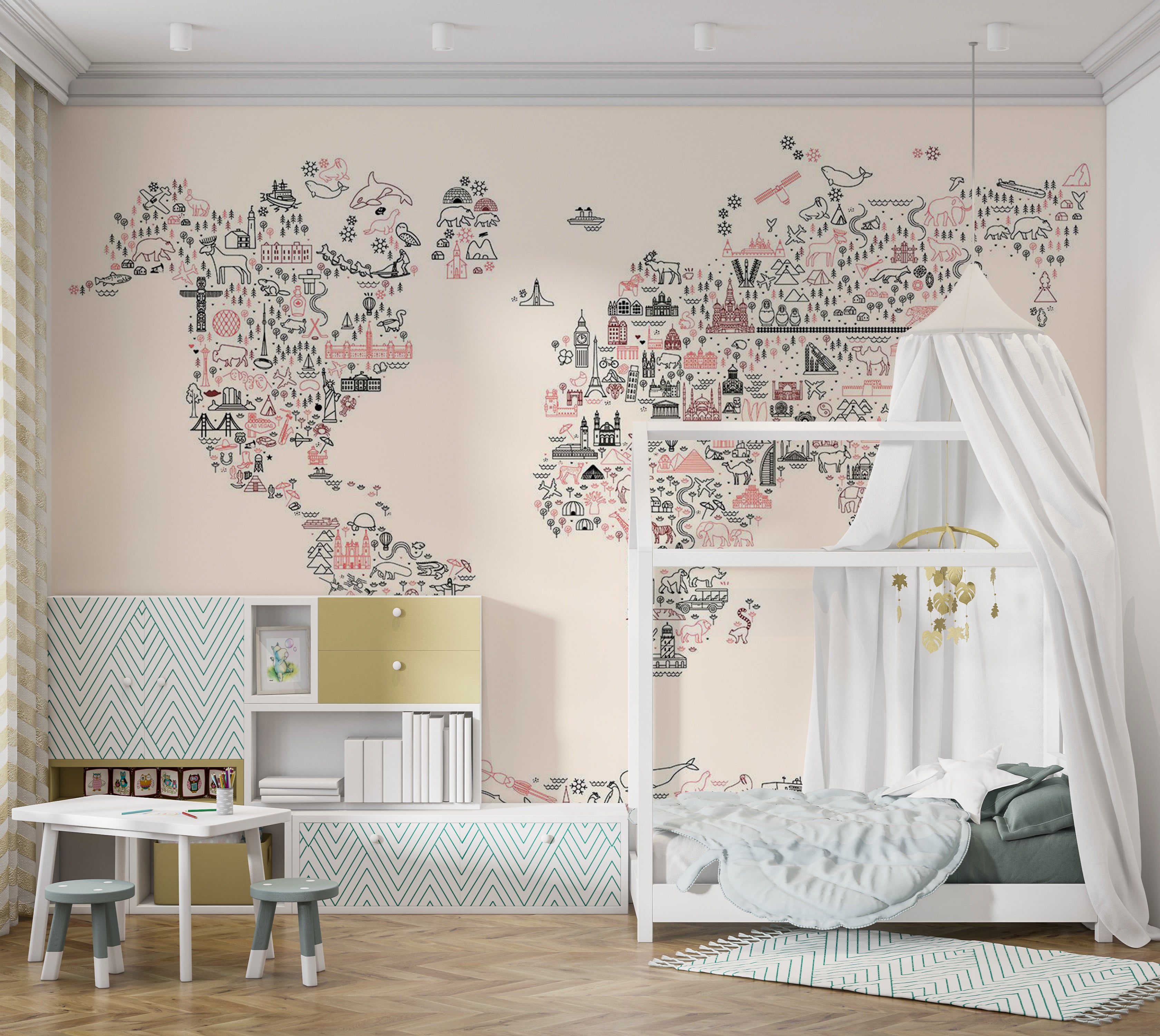 Peel & Stick Kids Wall Mural - Worlf Map With Icons 38"Wx27"H