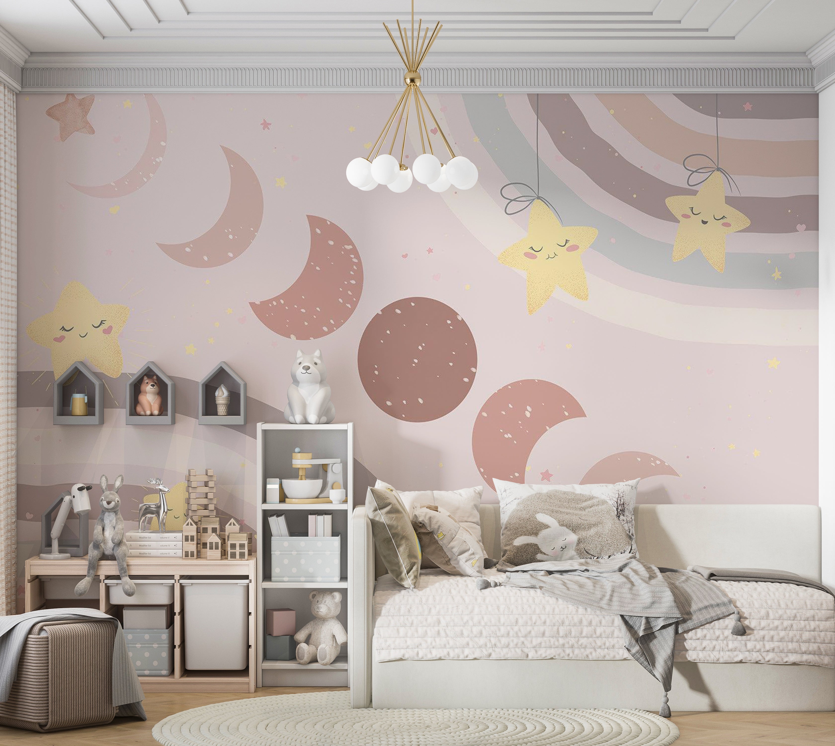 Kids Wallpaper Wall Mural - Moon Among Stars and Rainbows 39"Wx27"H / Standard