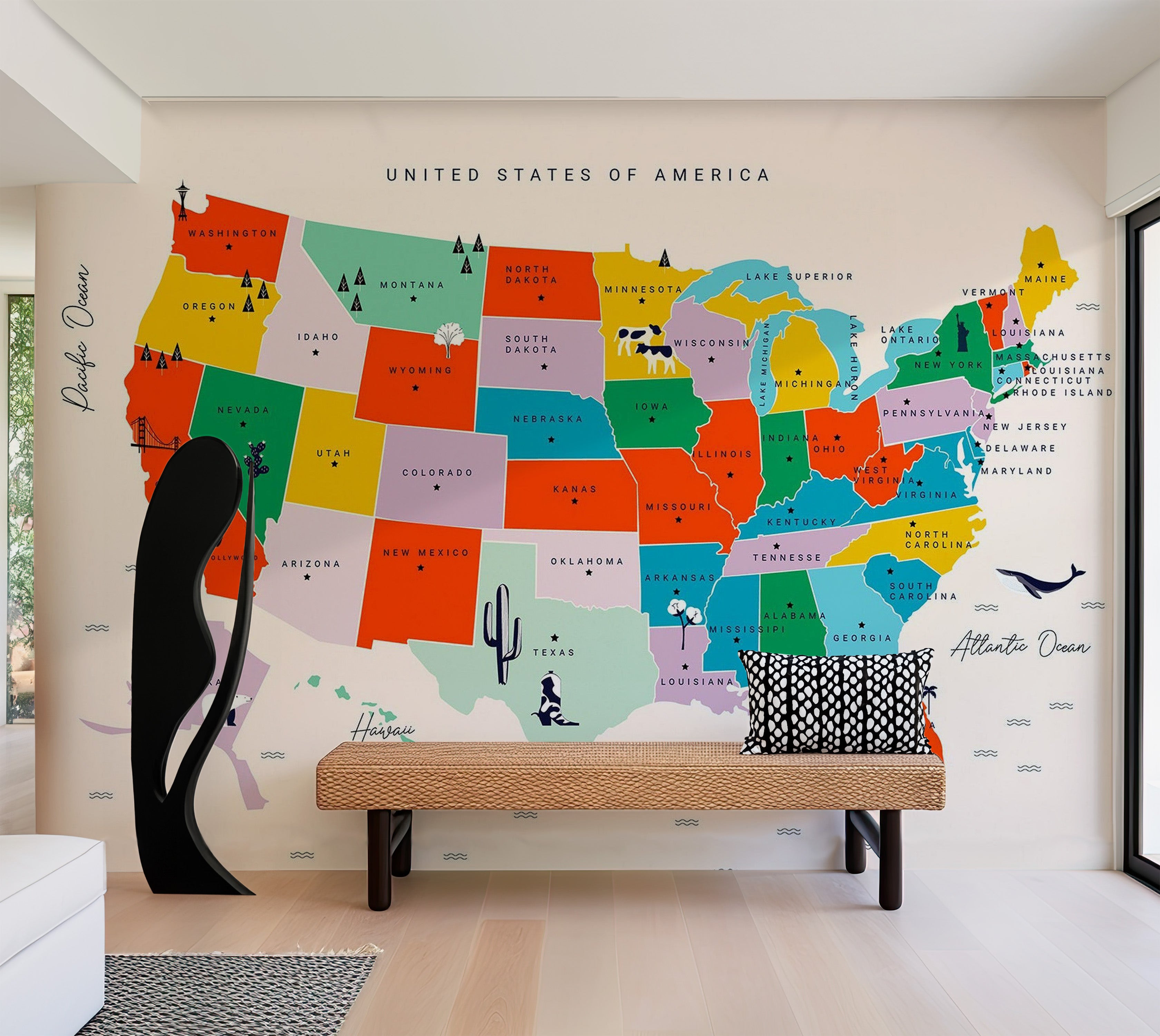 Map Wallpaper Wall Mural - US Map With State Names 39"Wx27"H / Regular