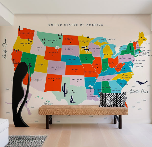 Map Wallpaper Wall Mural - US Map With State Names 39"Wx27"H / Regular