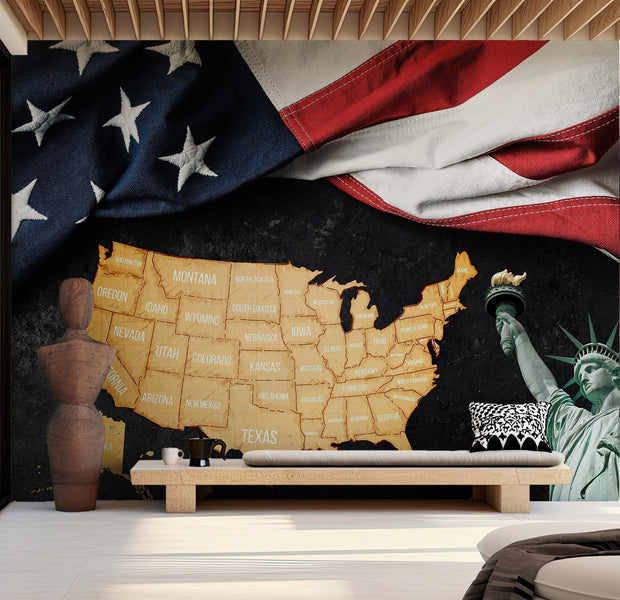 Americana Wallpaper Wall Mural - USA Map, Flag & Statue 39"Wx27"H / Regular