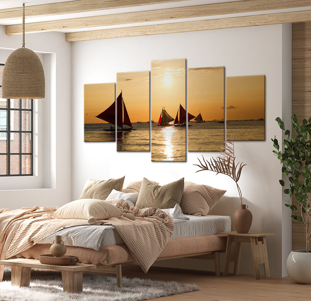 Stretched Canvas Landscape Art - Sailbloats At Dusk 40"Wx20"H