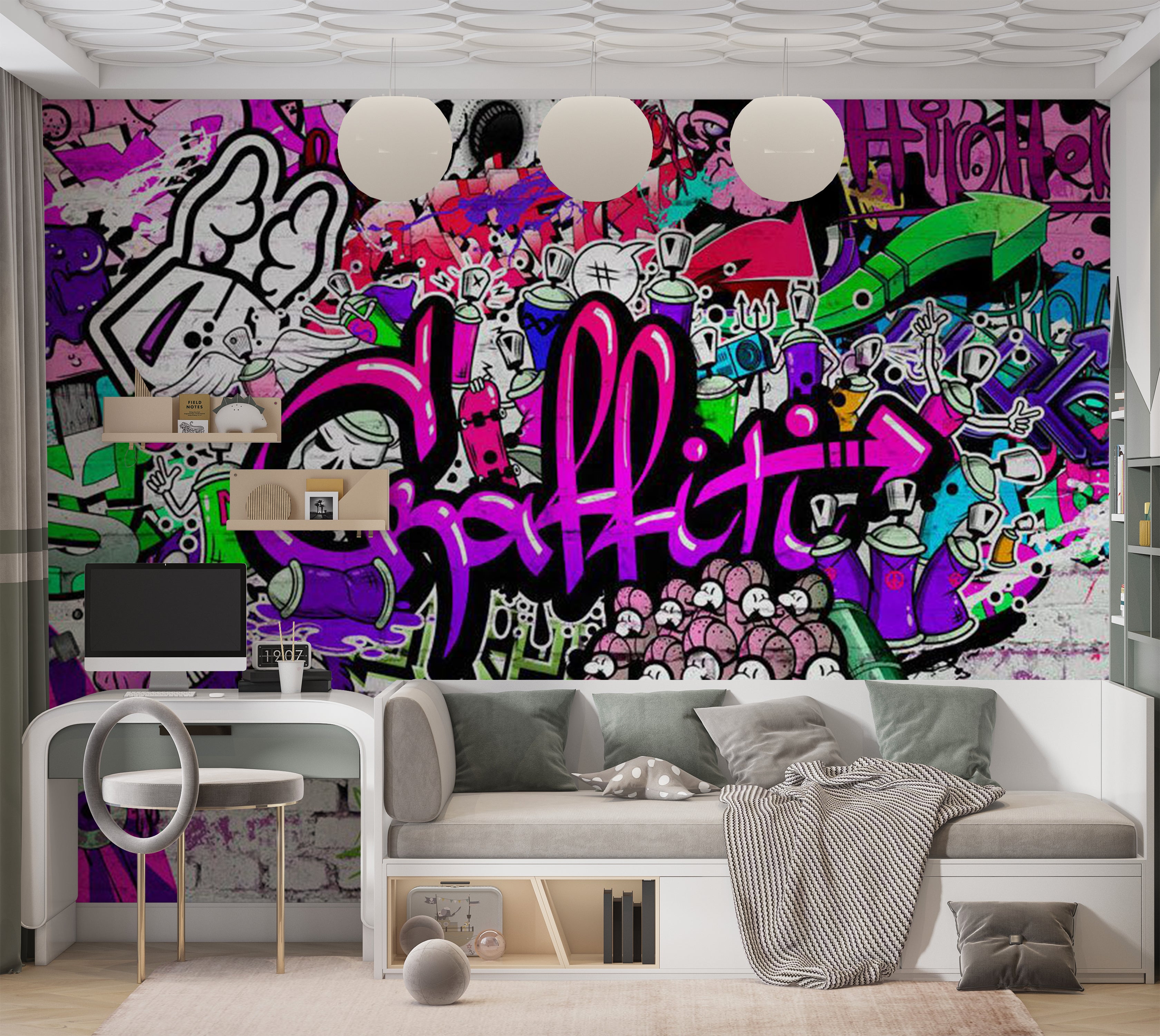 Peel & Stick Street Art Wall Mural - Purple Graffiti 38"Wx27"H